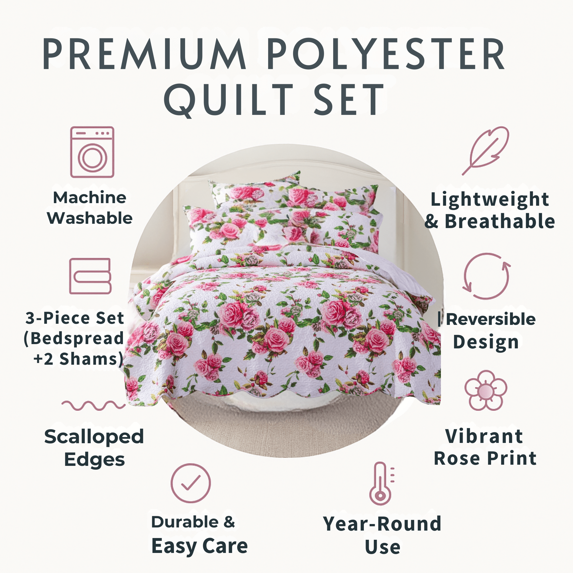 DaDa Bedding Romantic Roses Lovely Spring Pink Floral Quilted Scalloped Bedspread Set (JHW879) by DaDa Bedding Collection