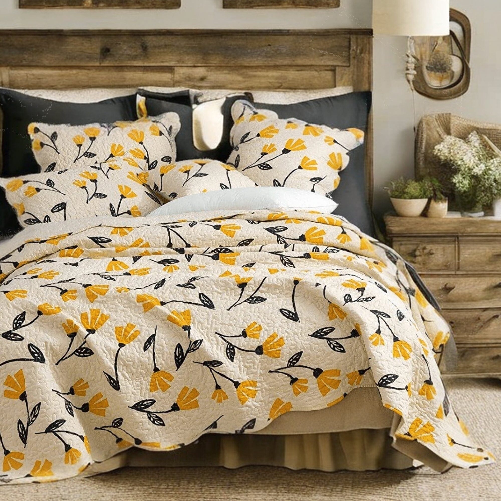 Yellow Fleur Floral Golden Orange Ivory Cream Scalloped Bedspread Set