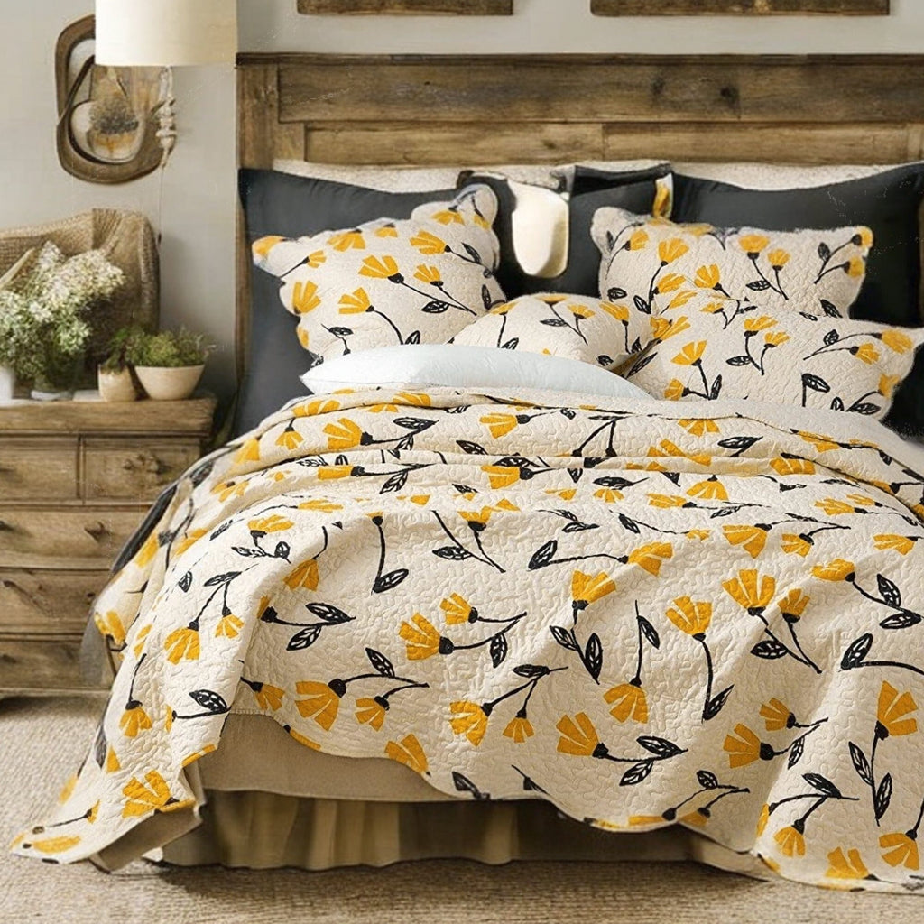 Yellow Fleur Floral Golden Orange Ivory Cream Scalloped Bedspread Set