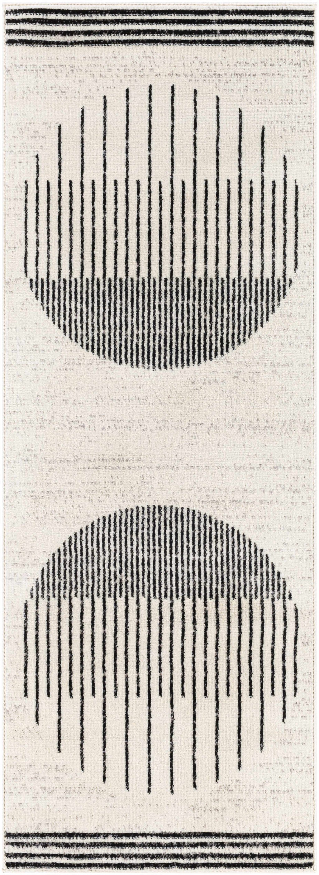 "Top view of Angus Black White Rug runner with two black striped circular designs on a white background, ideal for narrow spaces."