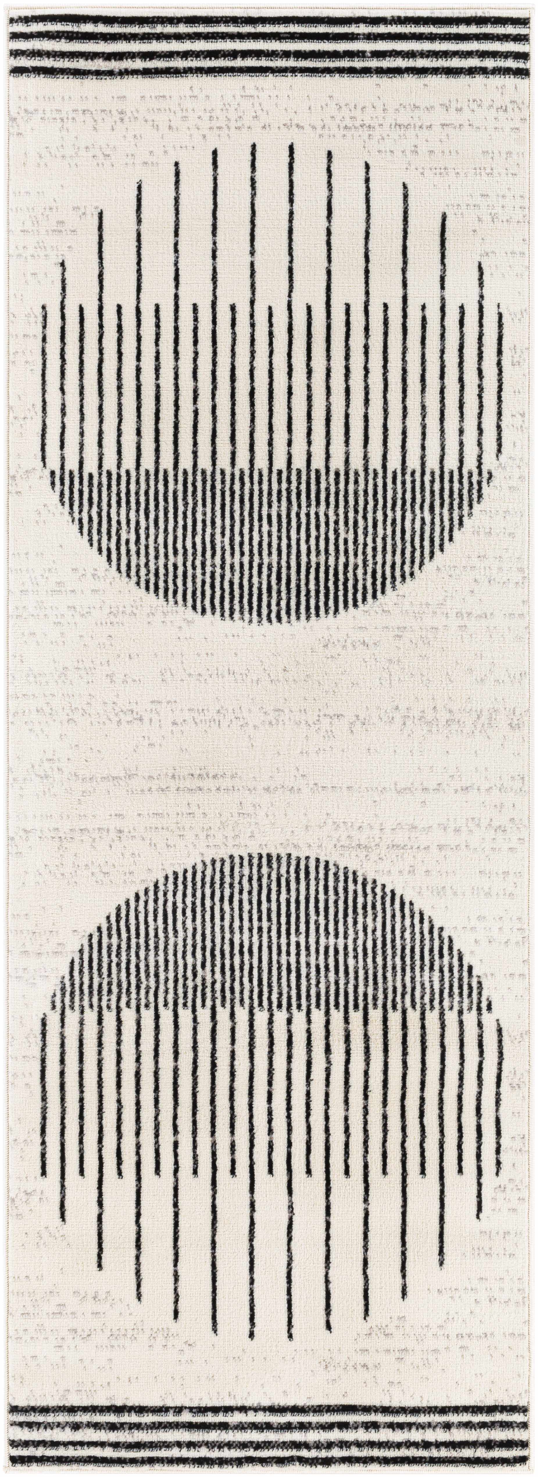 "Top view of Angus Black White Rug runner with two black striped circular designs on a white background, ideal for narrow spaces."