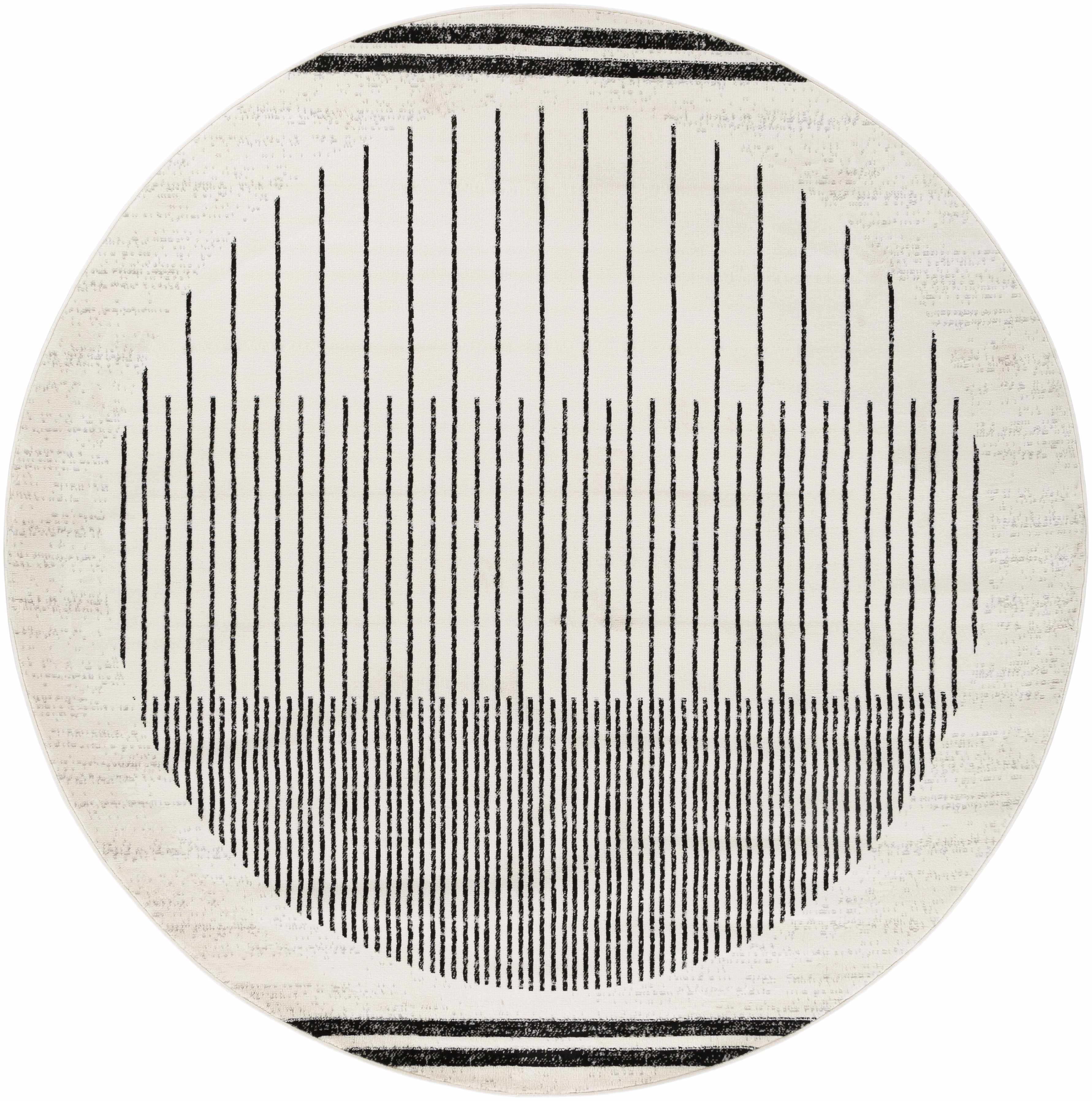 "Round Angus Black White Rug with central black striped circle and border accents, perfect for modern or minimalist rooms."