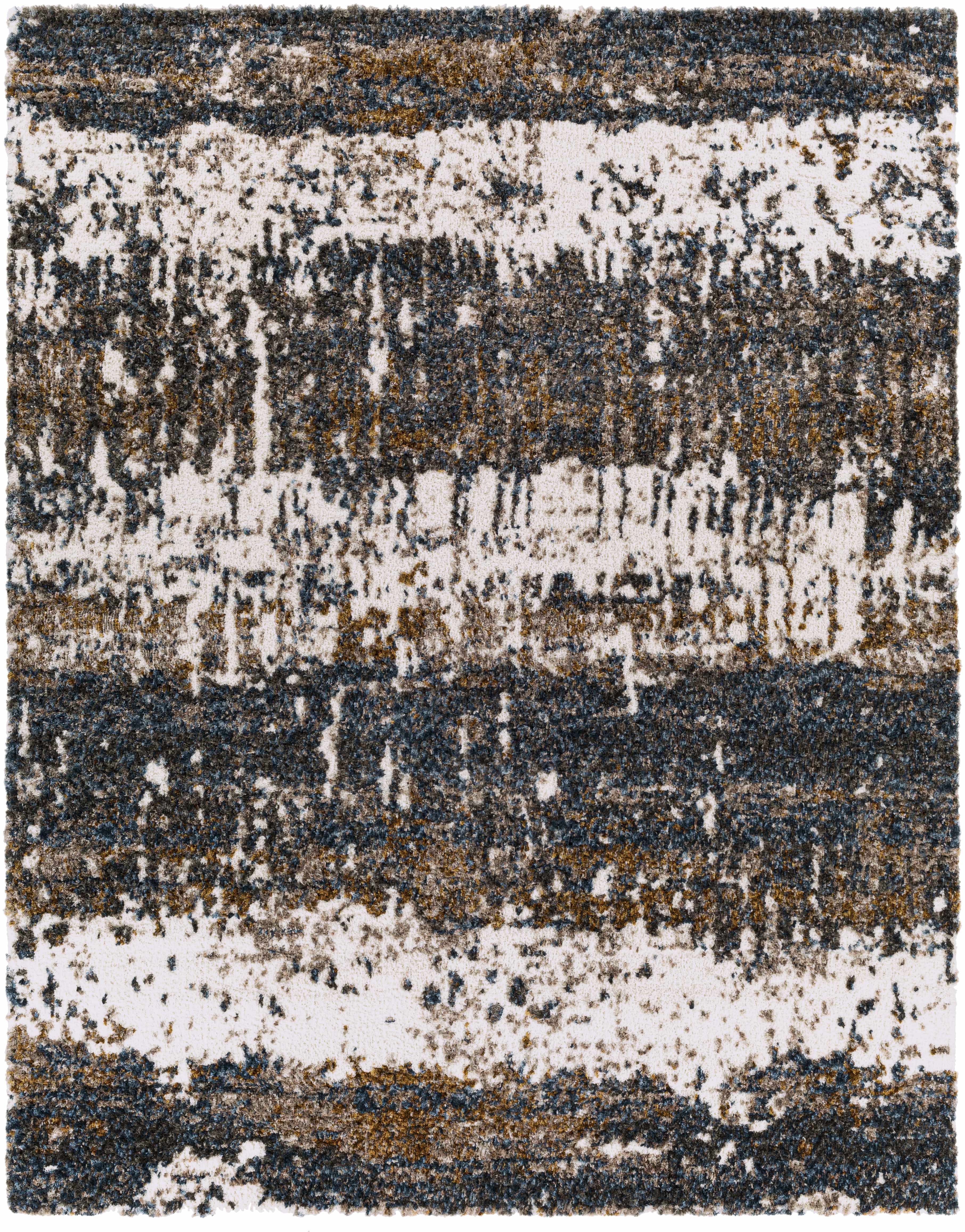 "Top-down view of square Arboles Plush Rug featuring abstract lined pattern in neutral and bold tones, machine woven for durability."