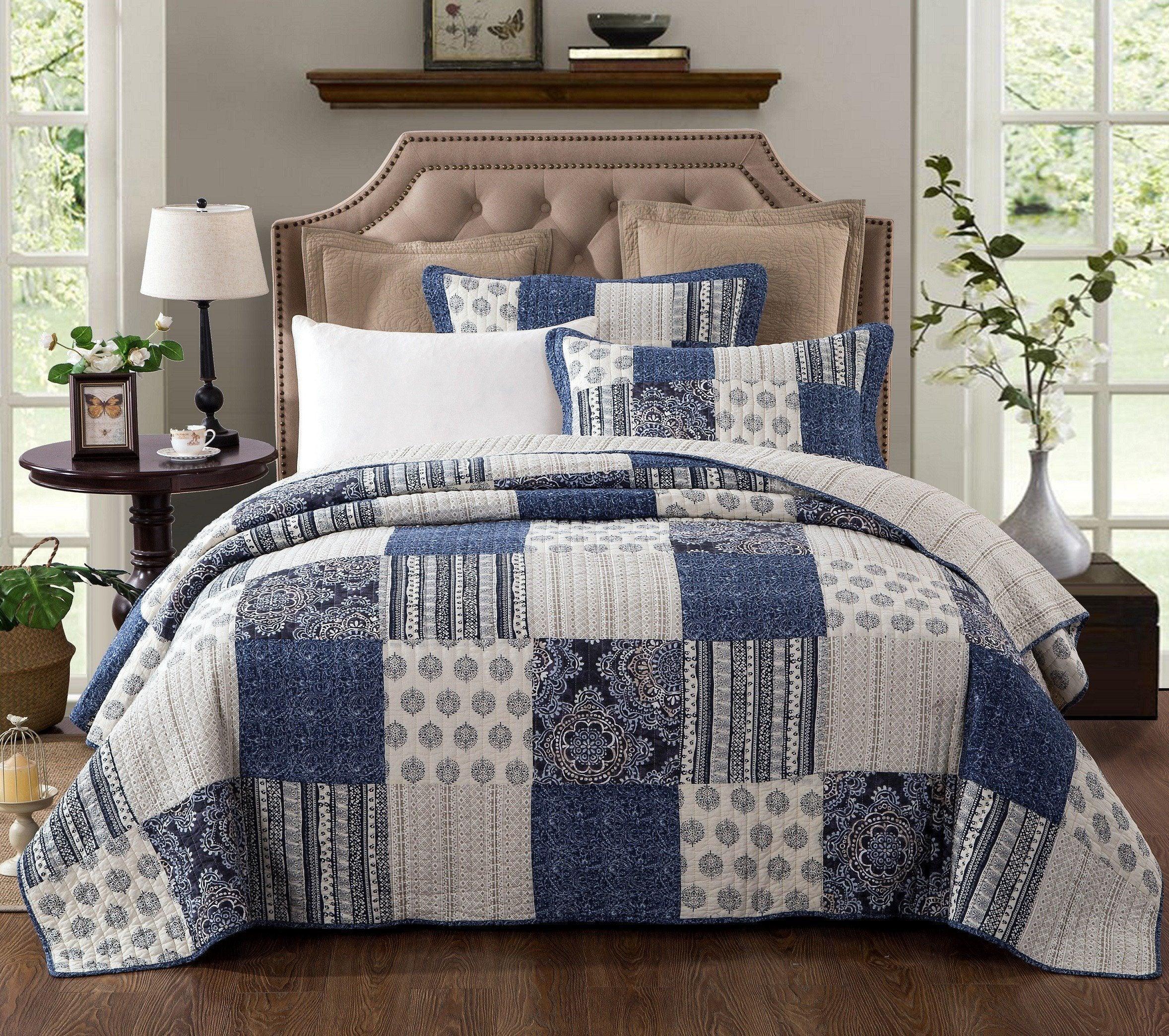 Bohemian Denim Blue Elegance Patchwork Cotton Quilt Set