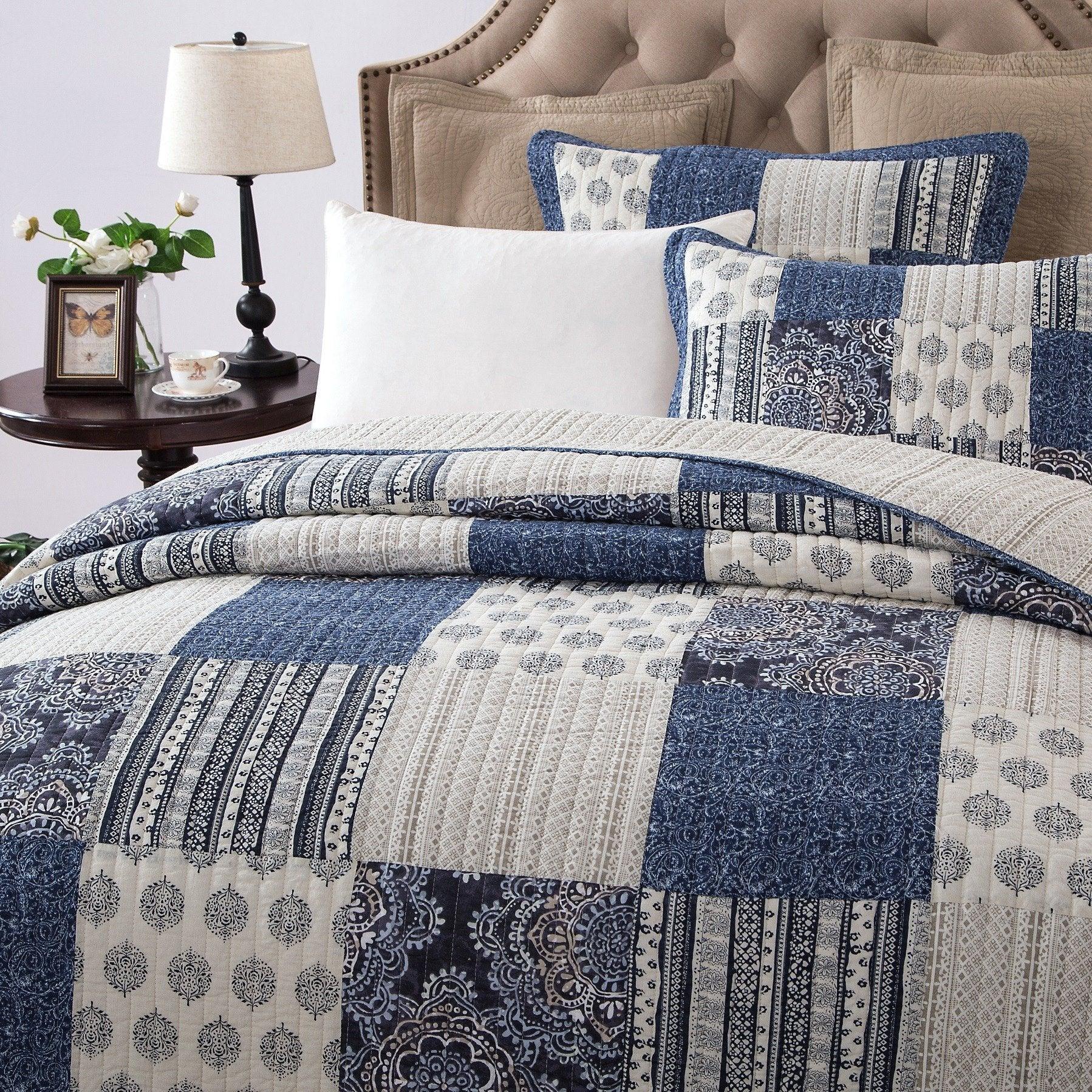 Bohemian Denim Blue Elegance Patchwork Cotton Quilt Set