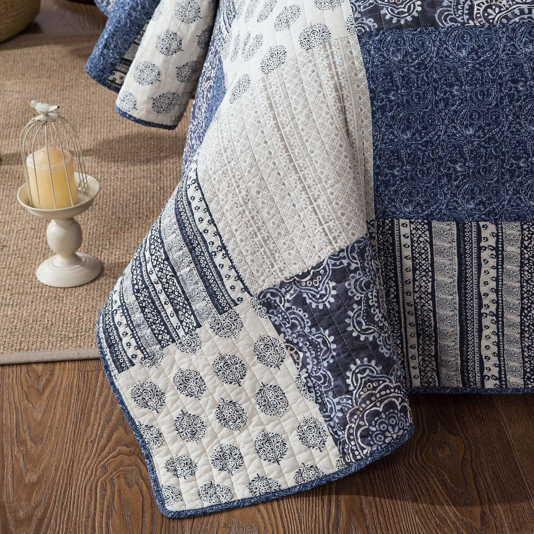 Bohemian Denim Blue Elegance Patchwork Cotton Quilt Set