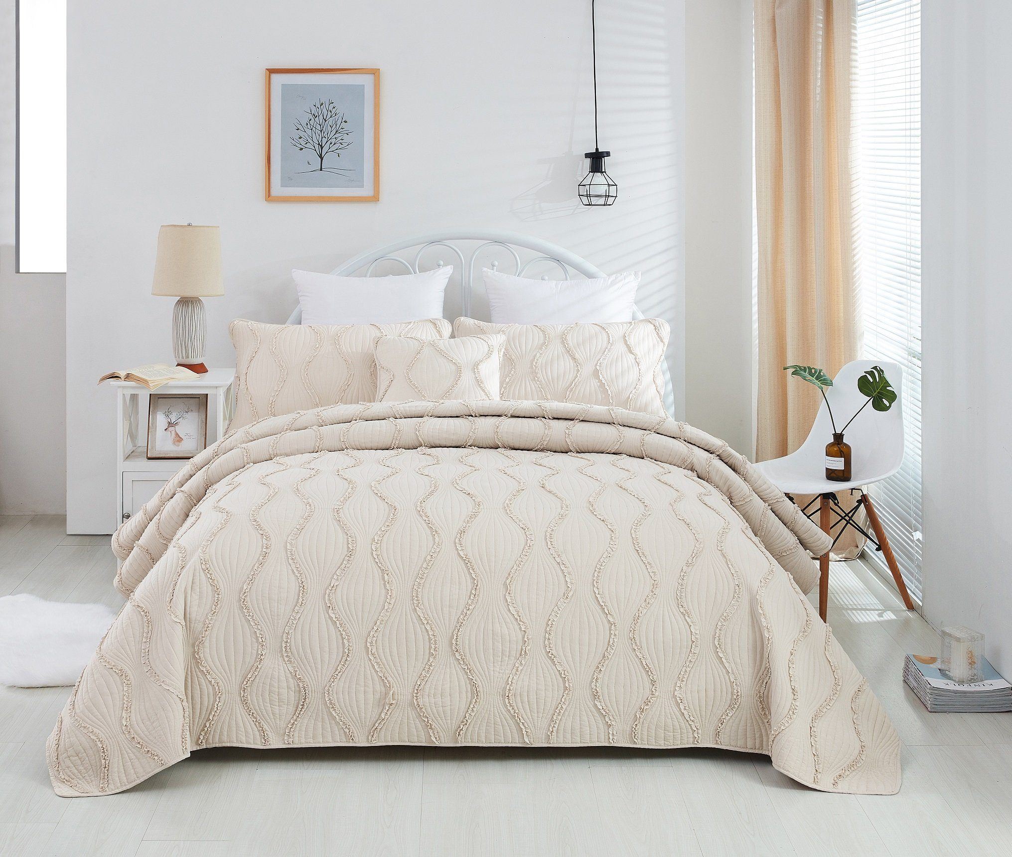 Soft Charming French Country Ruffles Quilted Cotton Bedspread Set - Ivory Cream Tan