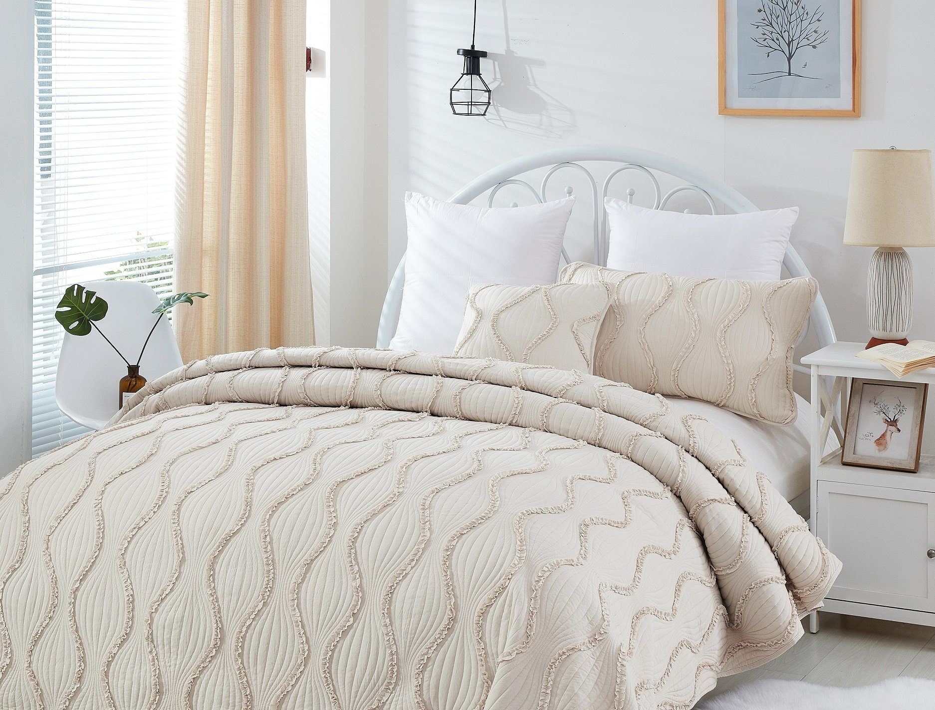 Soft Charming French Country Ruffles Quilted Cotton Bedspread Set - Ivory Cream Tan