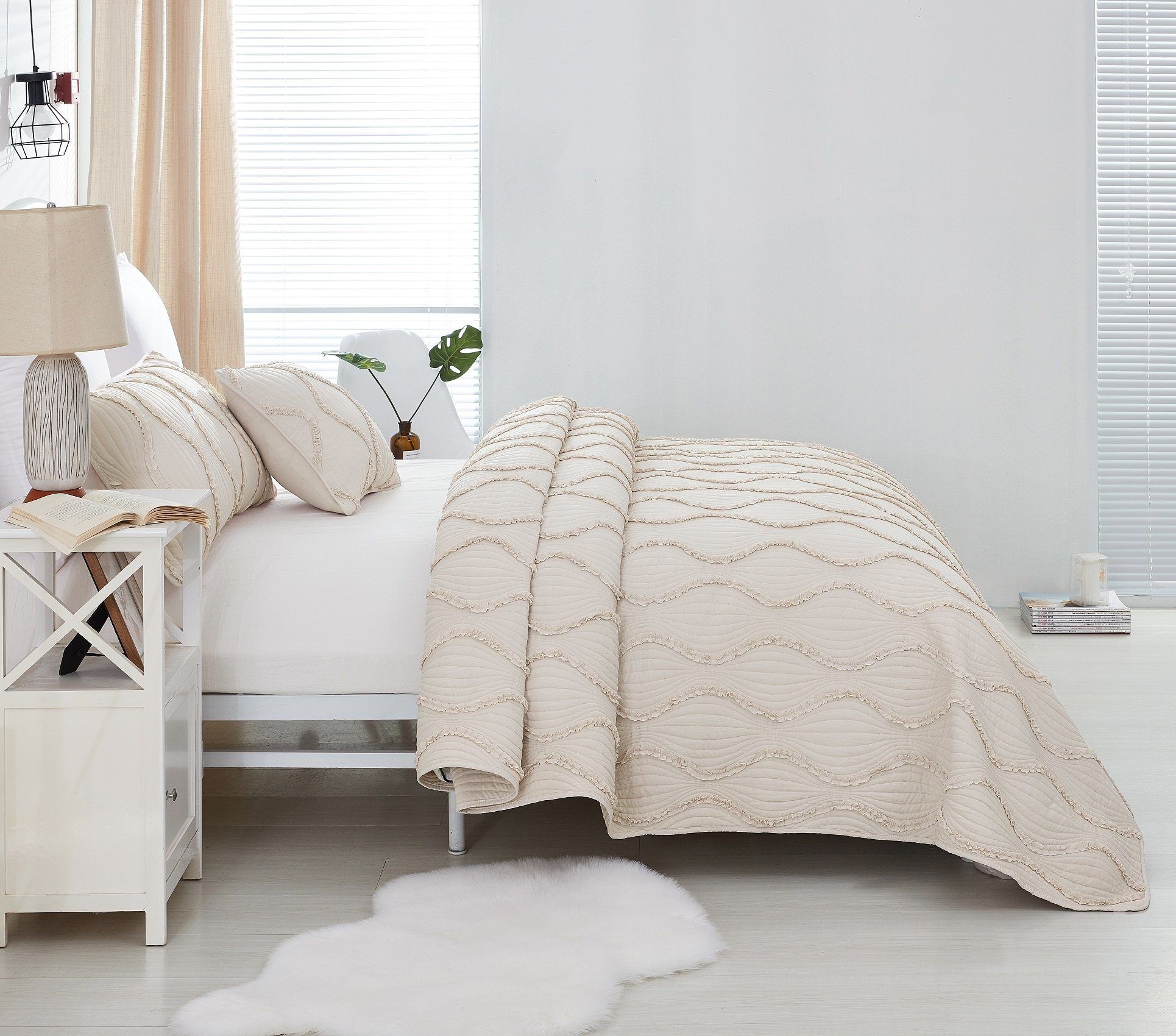 Soft Charming French Country Ruffles Quilted Cotton Bedspread Set - Ivory Cream Tan