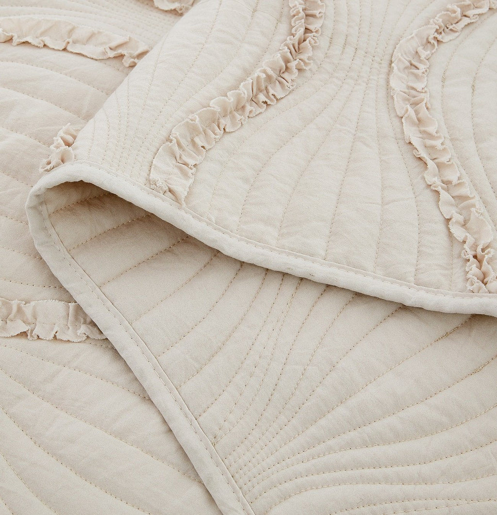 Soft Charming French Country Ruffles Quilted Cotton Bedspread Set - Ivory Cream Tan