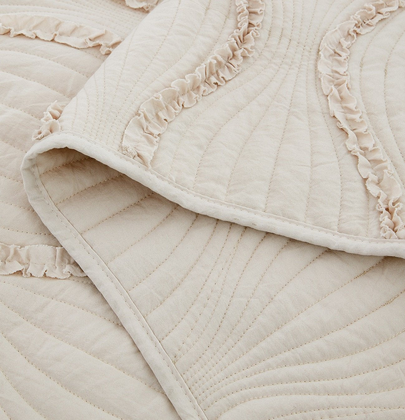 Soft Charming French Country Ruffles Quilted Cotton Bedspread Set - Ivory Cream Tan