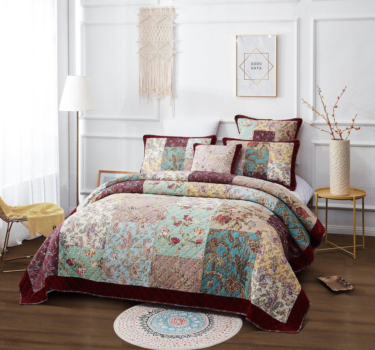 DaDa Bedding Bohemian Burgundy Red Velvet Trim Floral Paisley Patchwork Cotton Bedspread Set (JHW-868) by DaDa Bedding Collection