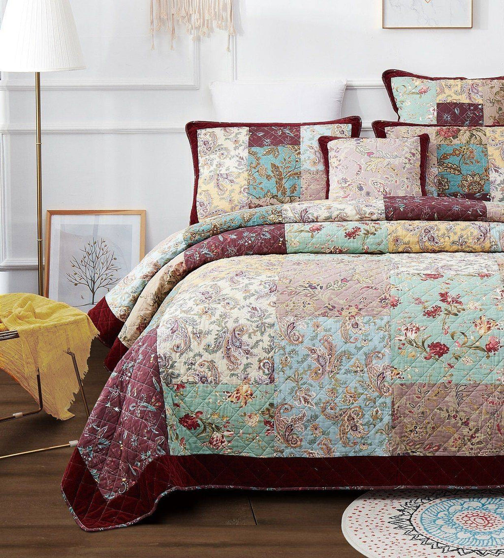 DaDa Bedding Bohemian Burgundy Red Velvet Trim Floral Paisley Patchwork Cotton Bedspread Set (JHW-868) by DaDa Bedding Collection