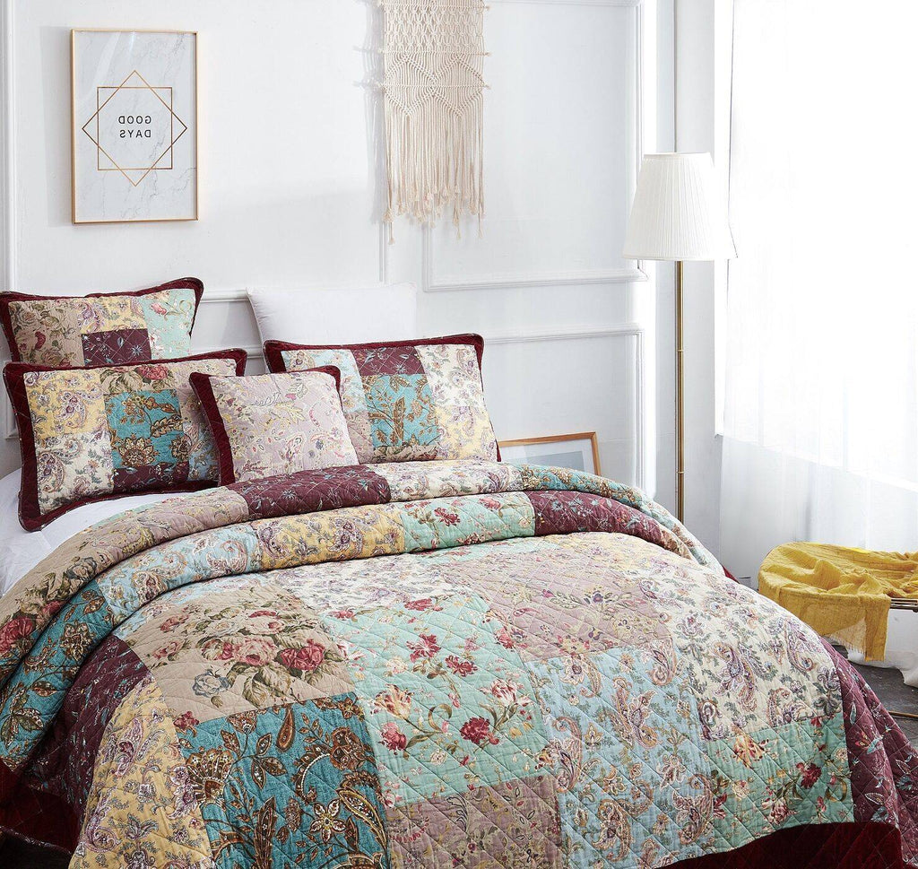 DaDa Bedding Bohemian Burgundy Red Velvet Trim Floral Paisley Patchwork Cotton Bedspread Set (JHW-868) by DaDa Bedding Collection