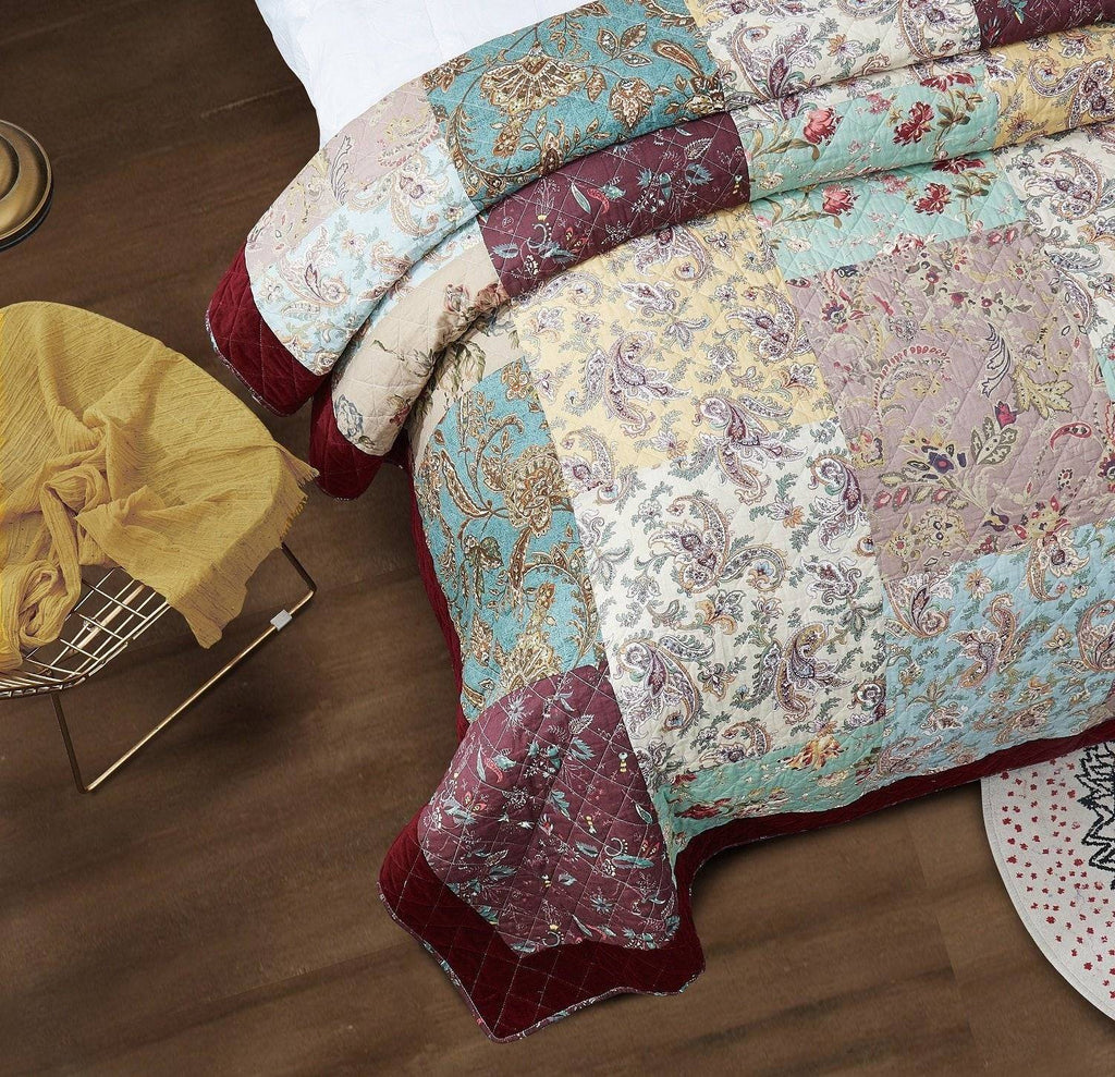 DaDa Bedding Bohemian Burgundy Red Velvet Trim Floral Paisley Patchwork Cotton Bedspread Set (JHW-868) by DaDa Bedding Collection