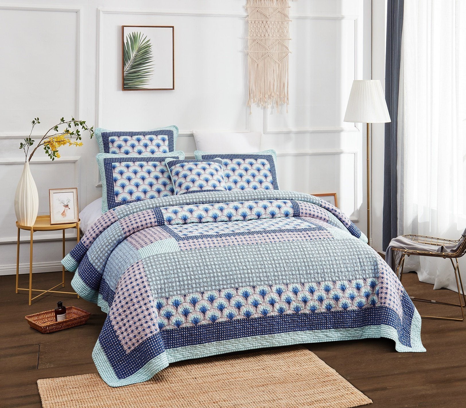 Mediterranean Blue Mint Green Patchwork Quilted Bedspread Set
