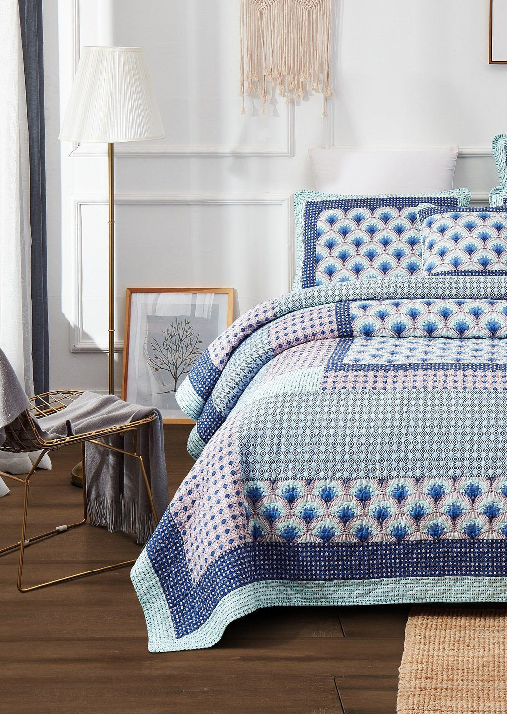Mediterranean Blue Mint Green Patchwork Quilted Bedspread Set