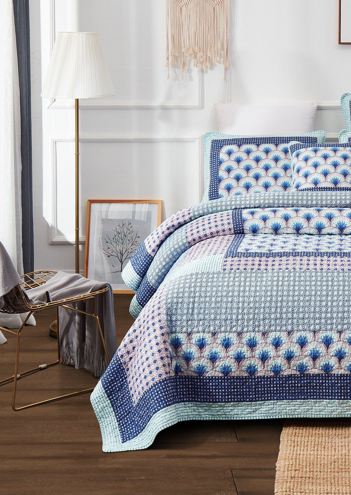 Mediterranean Blue Mint Green Patchwork Quilted Bedspread Set