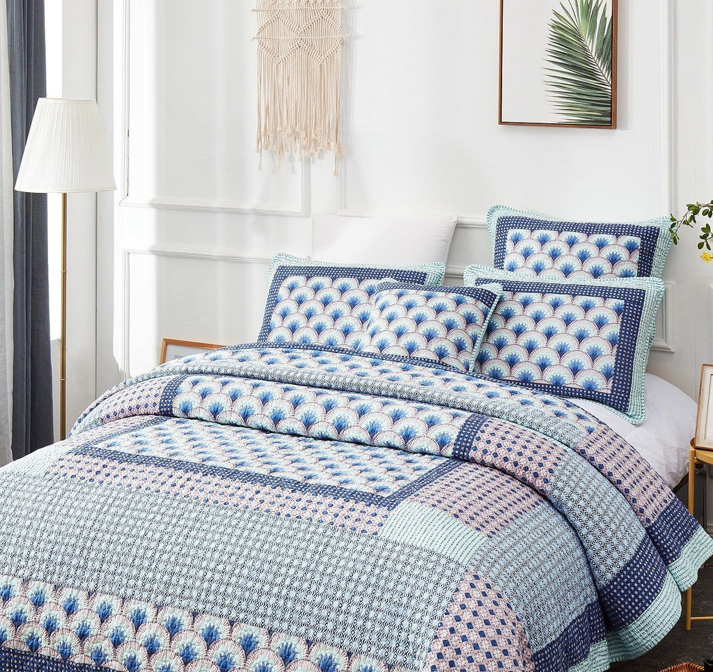 Mediterranean Blue Mint Green Patchwork Quilted Bedspread Set