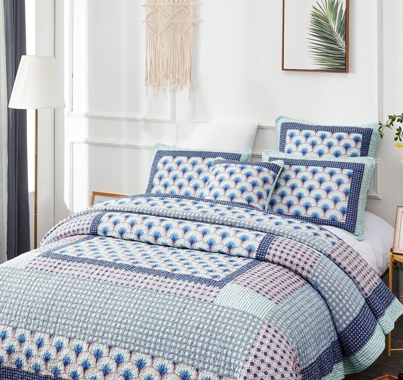 Mediterranean Blue Mint Green Patchwork Quilted Bedspread Set