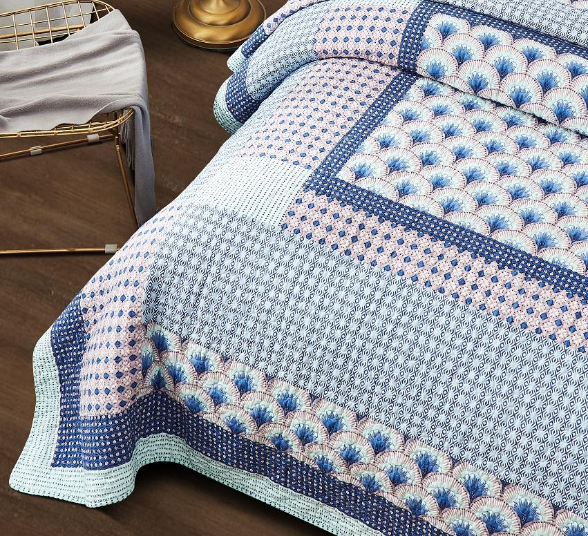 Mediterranean Blue Mint Green Patchwork Quilted Bedspread Set