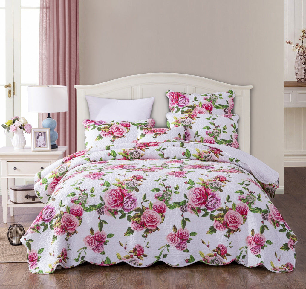 DaDa Bedding Romantic Roses Lovely Spring Pink Floral Quilted Scalloped Bedspread Set (JHW879) by DaDa Bedding Collection