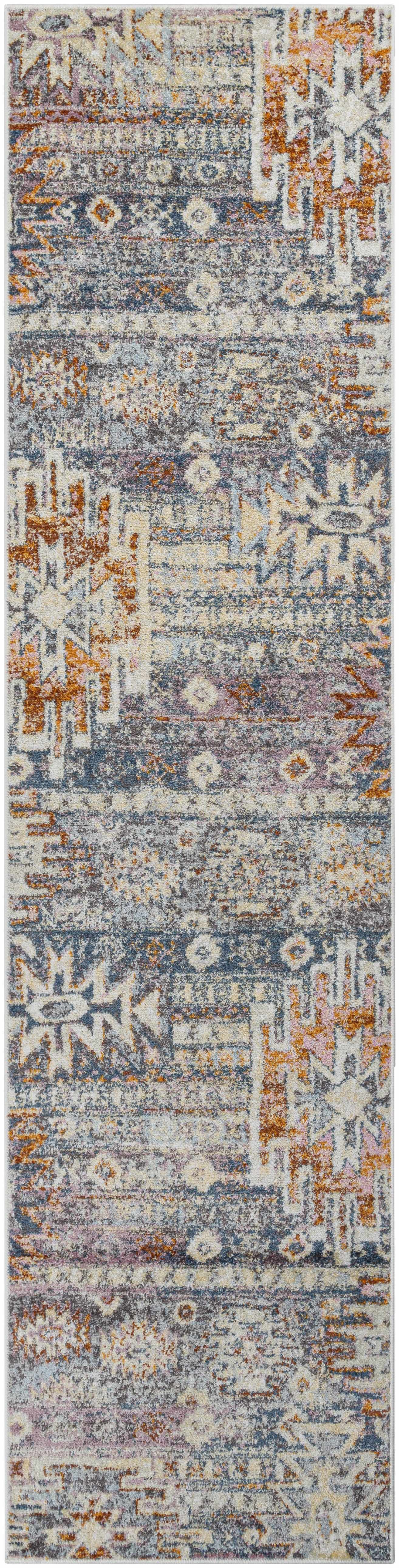 Full-length view of the Blackmoor Aztec Area Rug runner featuring machine-woven Southwestern patterns in multicolor tones. Made in Turkey.