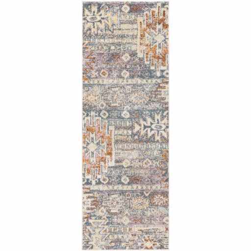 "Runner style Blackmoor Aztec Area Rug with linear Southwestern patterns in blue, yellow, and dark pink. Ideal for hallways or narrow spaces."