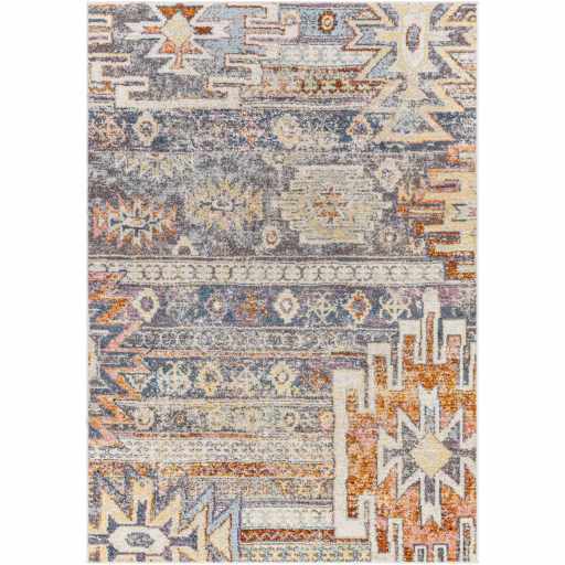 "Aztec Area Rug - Blackmoor with intricate Southwestern motifs in blue, yellow, and dark pink. Machine woven with medium pile texture."