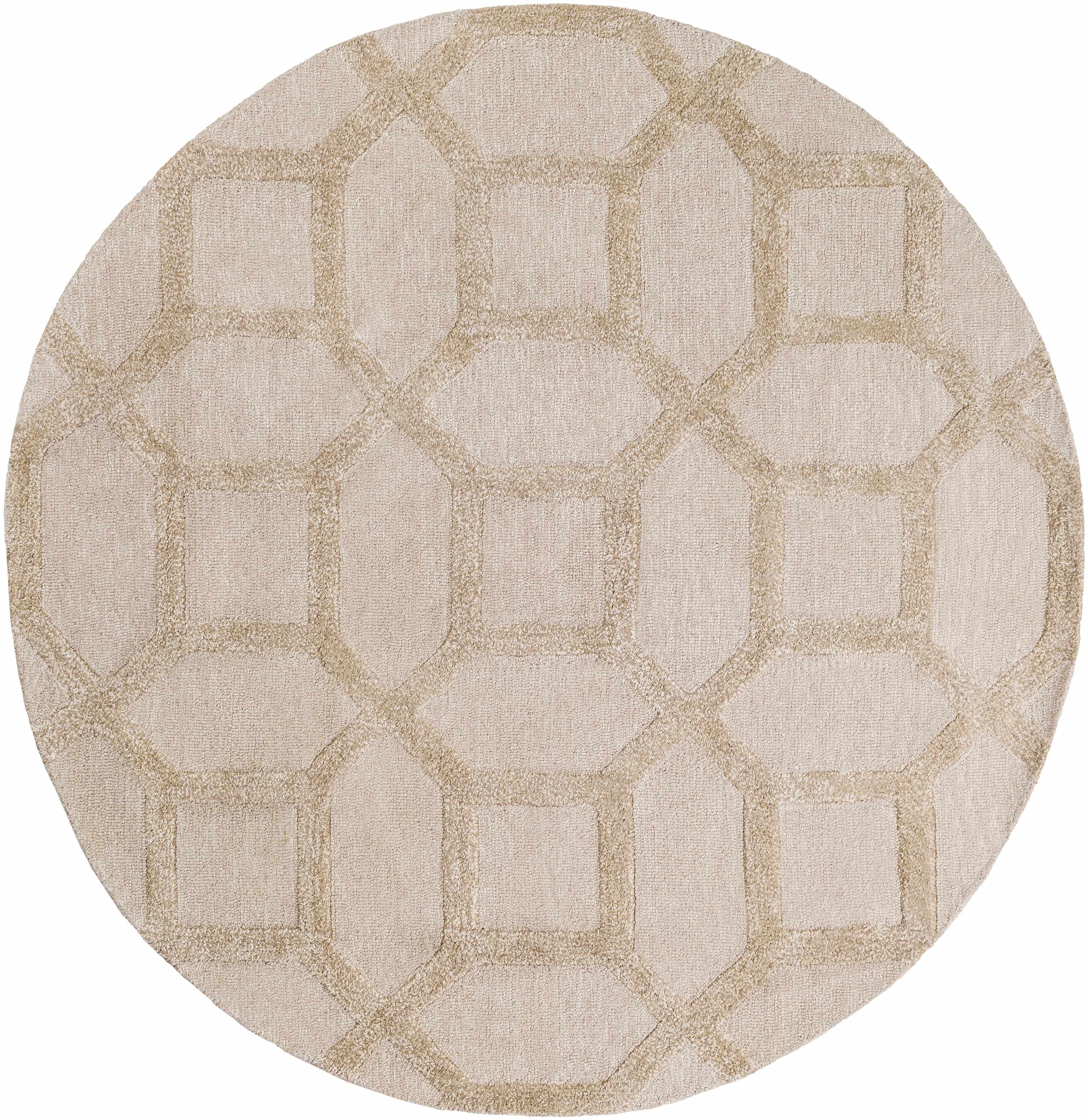 "Round Dodgertown Area Rug in ivory beige wool, hand-tufted with a geometric pattern, ideal for small living areas or entryways."