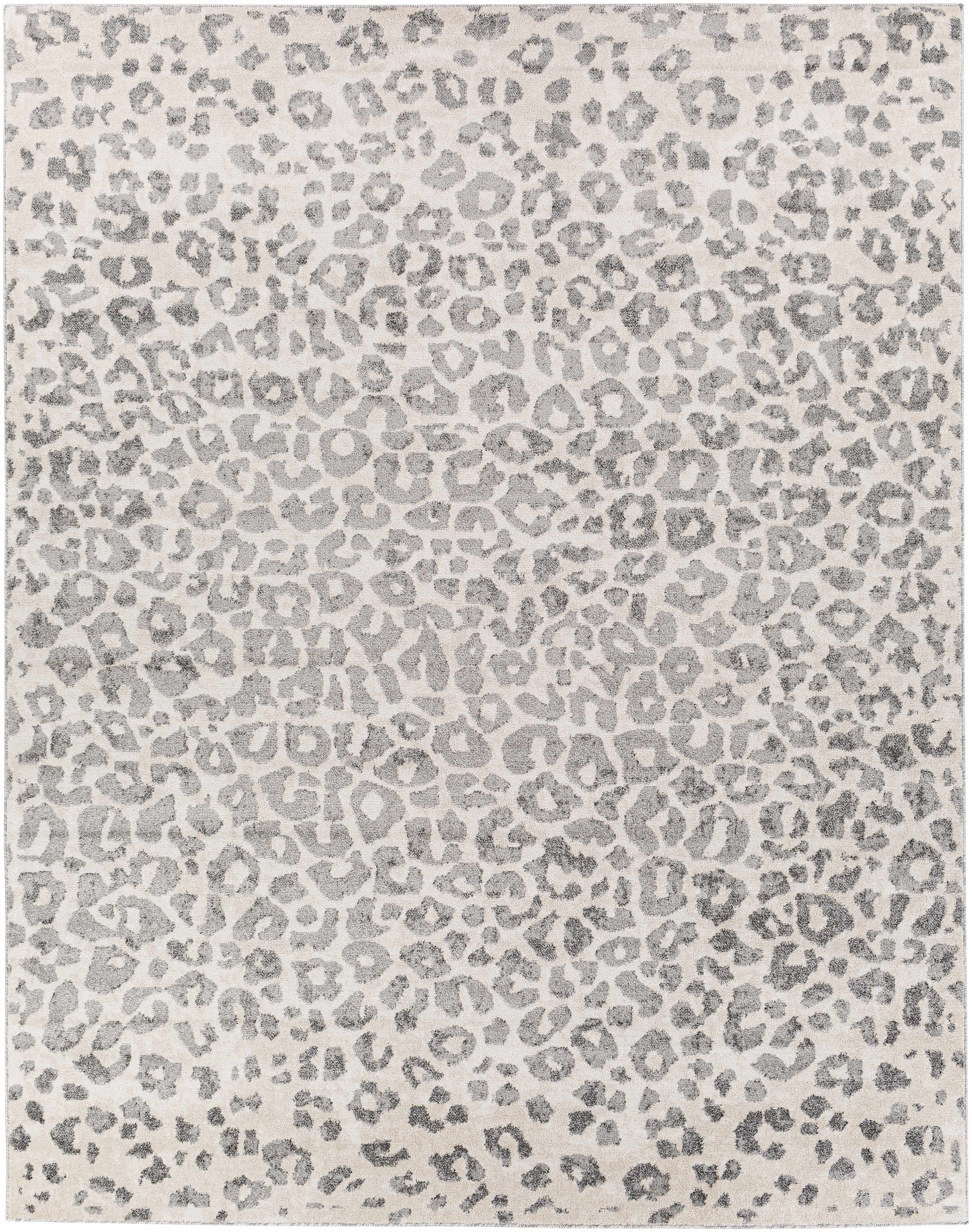 "Top-down view of the Liversedge Leopard Print Area Rug featuring a beige base with gray leopard spots, ideal for contemporary interiors."