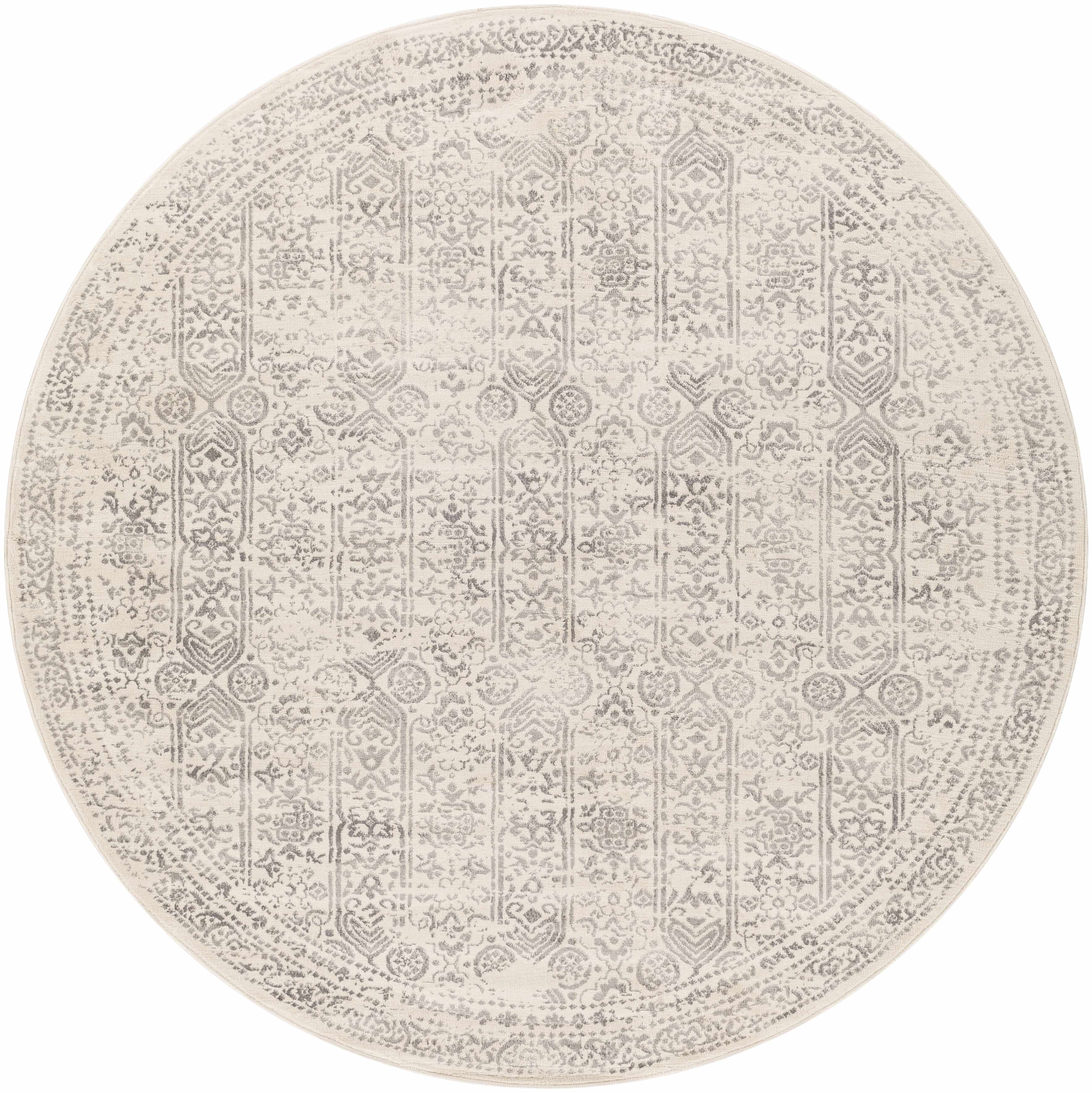 "Round Michie Area Rug in cream and gray featuring a distressed traditional design, ideal for modern interiors."