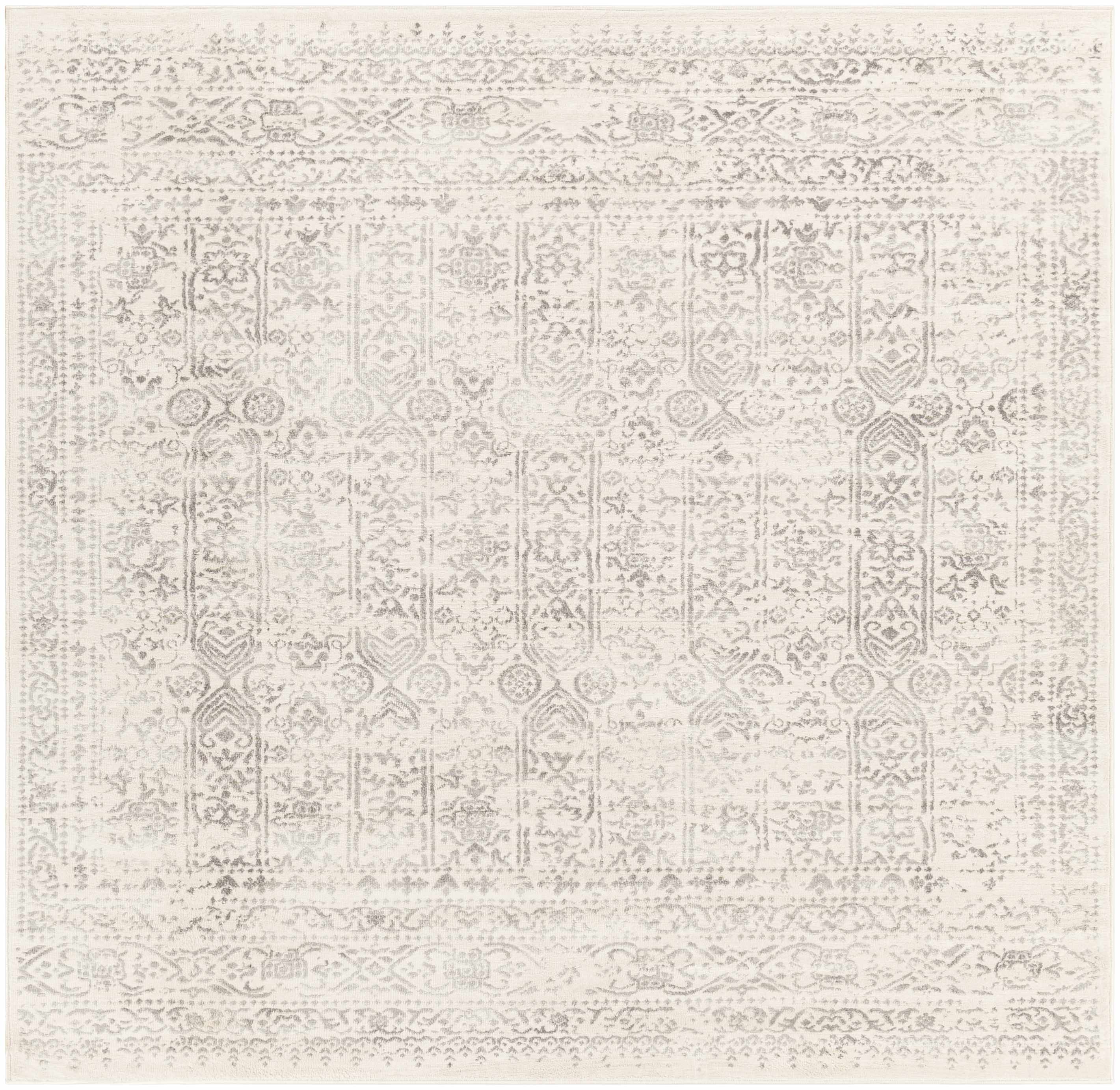Square Michie Area Rug in cream and gray with intricate traditional motifs and medium pile texture.