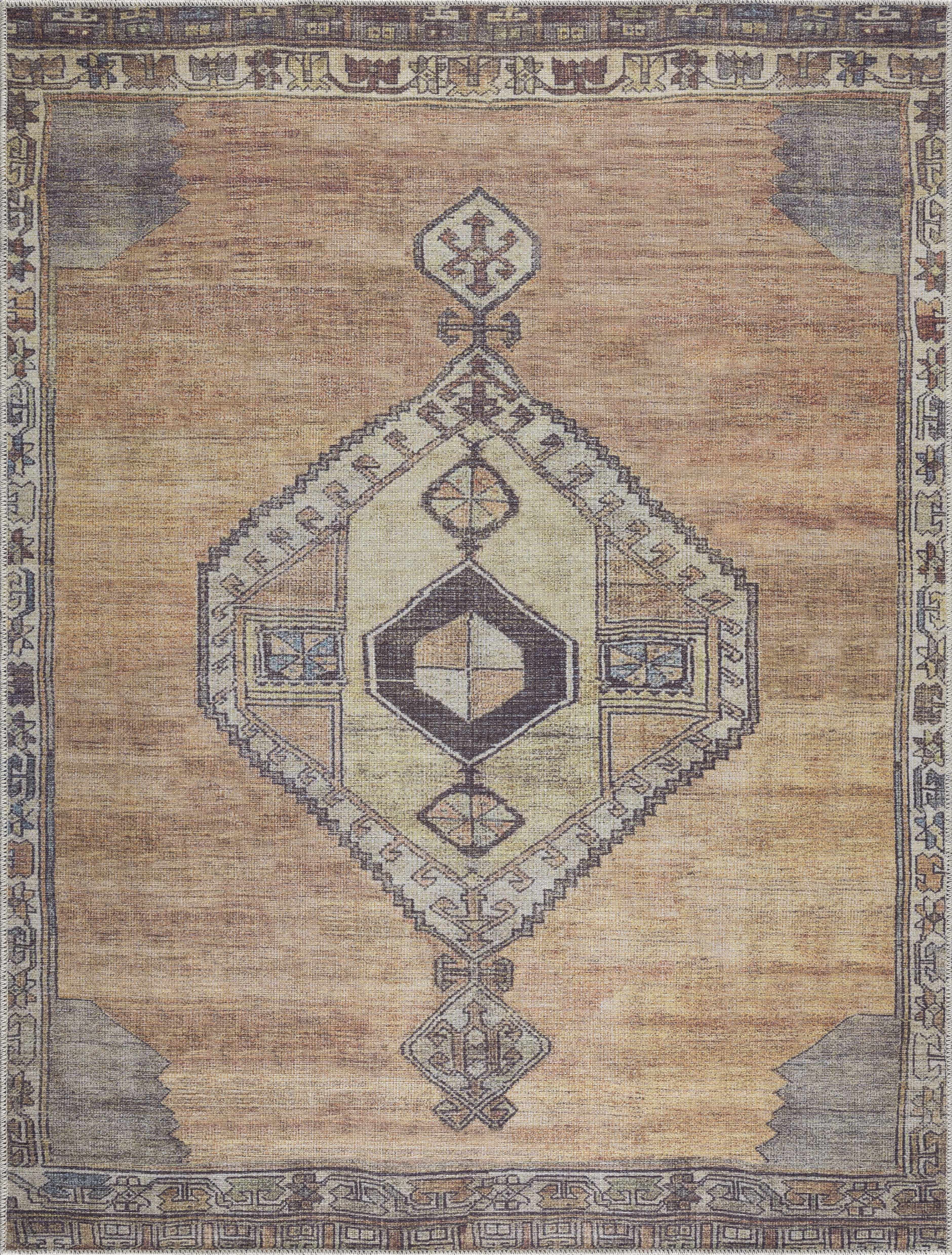 Top view of Medinah Washable Rug showcasing its intricate traditional design and warm earthy tones for classic home decor.