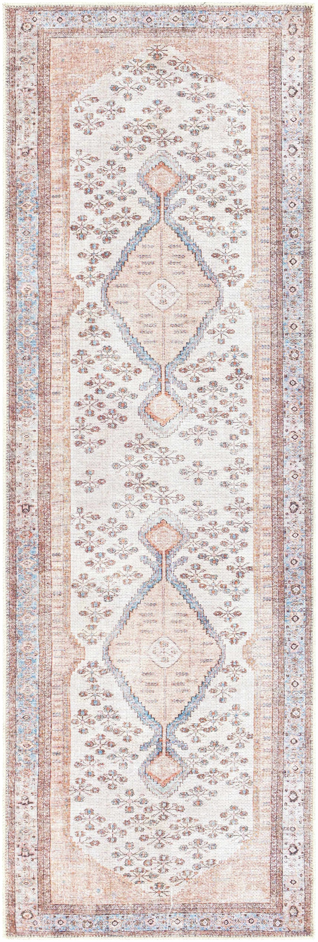 "Full view of the Moora washable area rug runner with intricate floral and medallion motifs in a no-pile, machine-washable design."