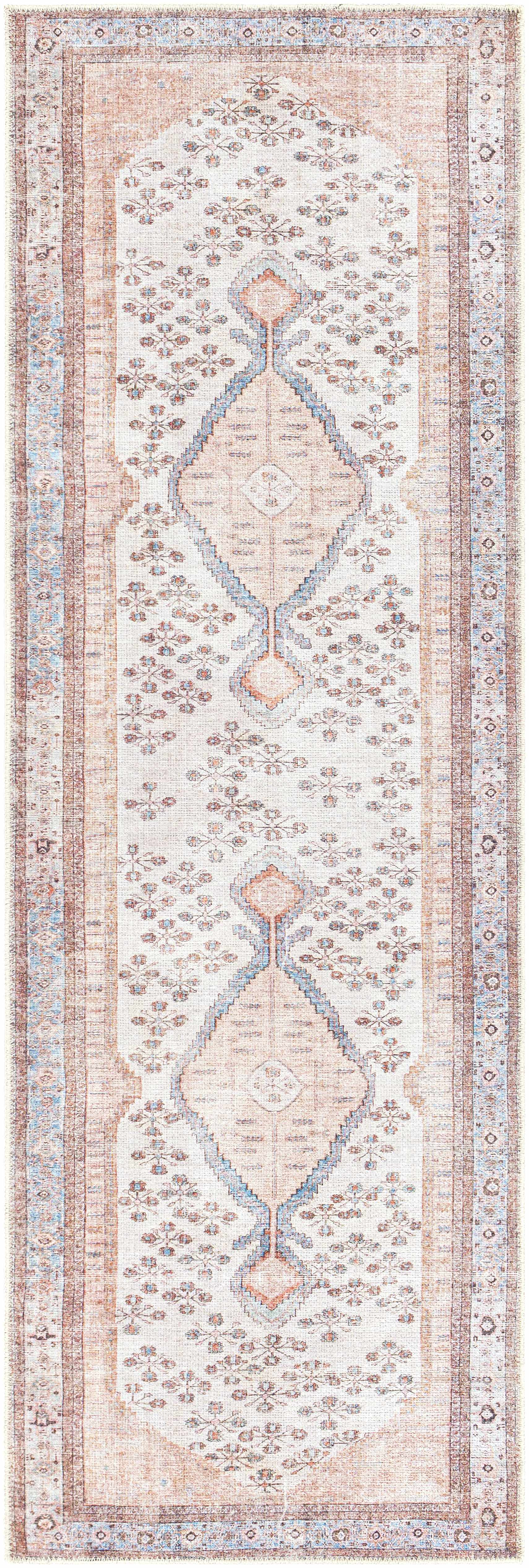 "Full view of the Moora washable area rug runner with intricate floral and medallion motifs in a no-pile, machine-washable design."