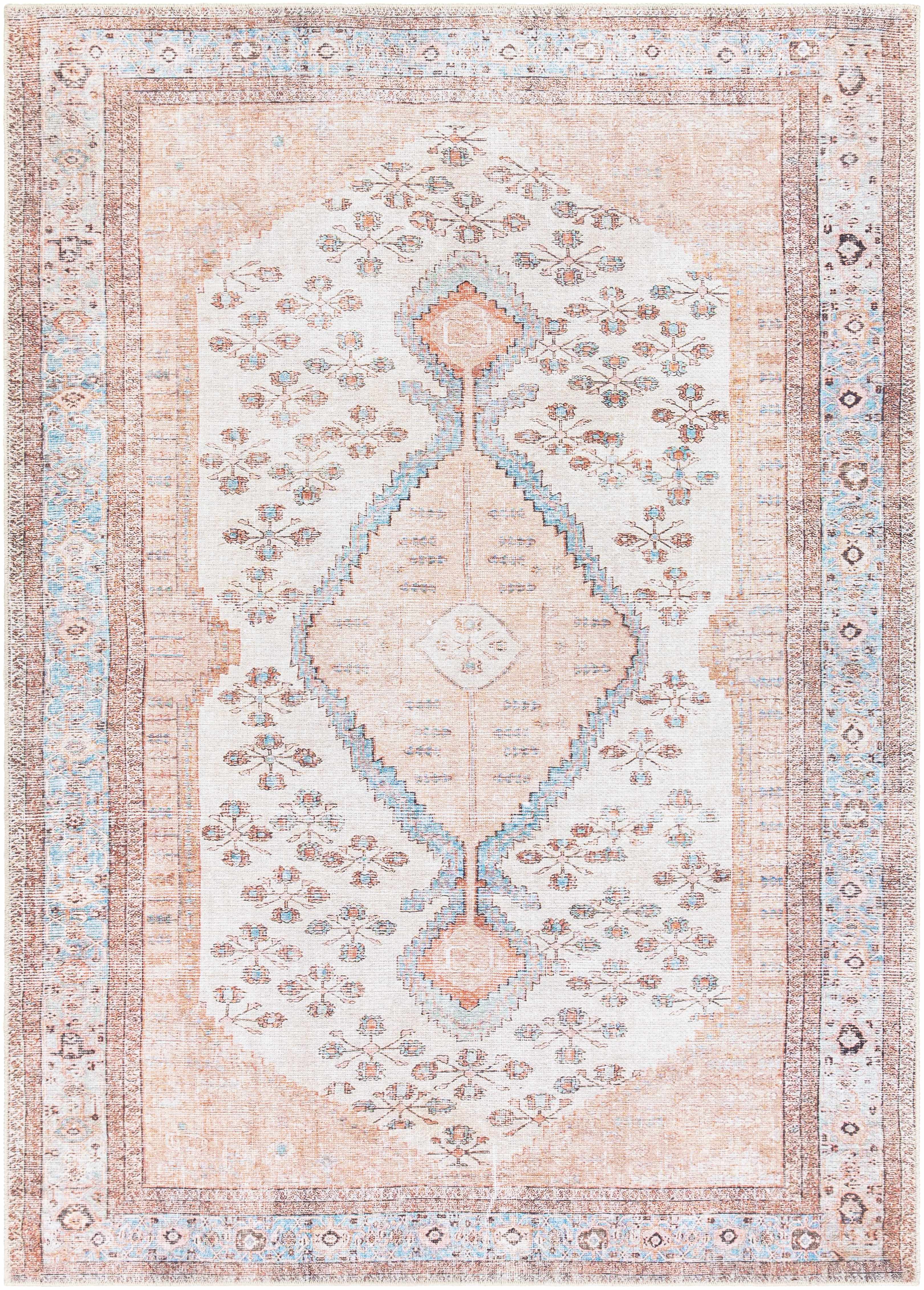 "Full view of the Moora washable area rug with symmetrical medallion and floral motifs in a soft, no-pile finish."
