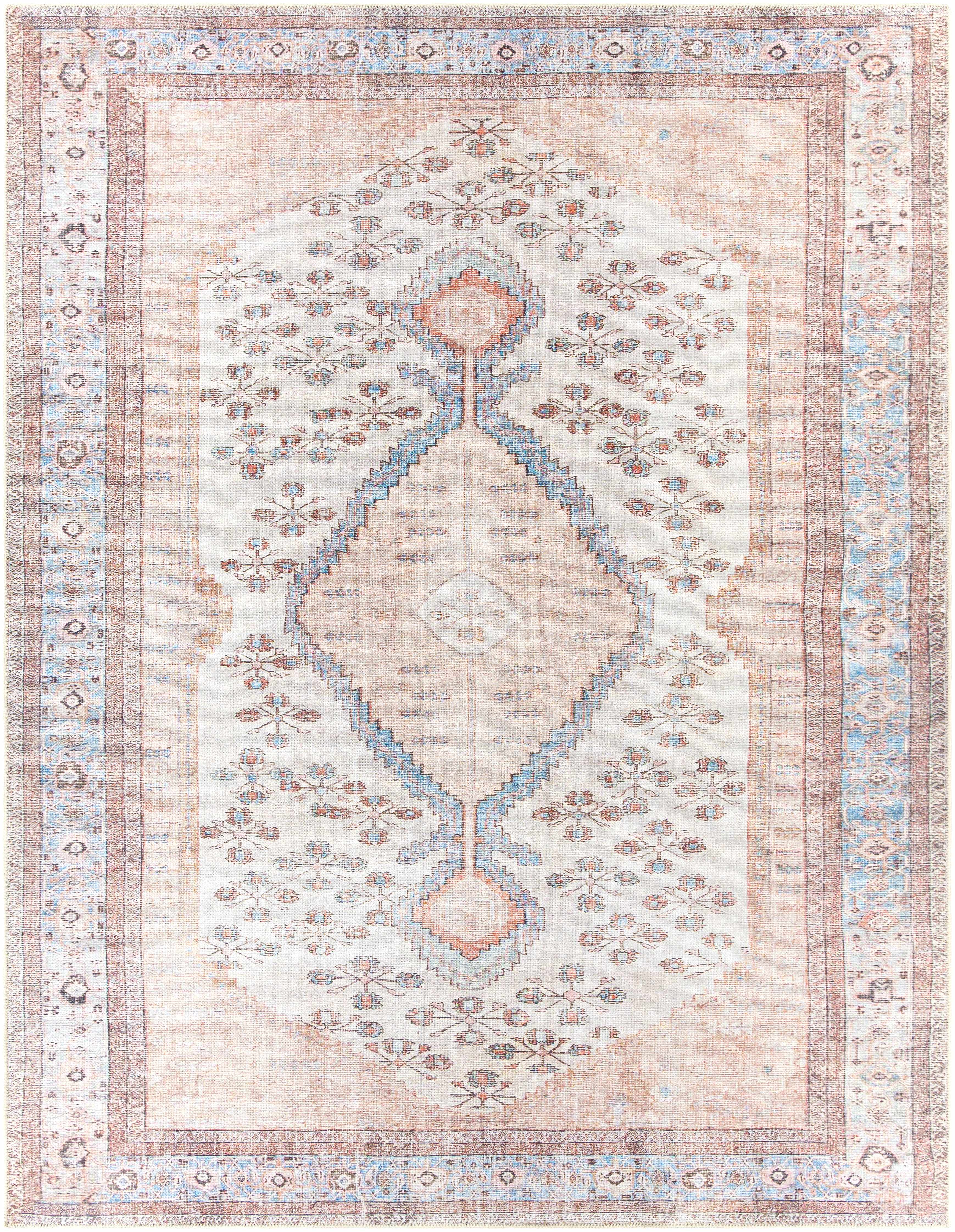 "Top view of the Moora washable area rug showcasing its vintage-inspired medallion design in blush, aqua, and light gray hues."