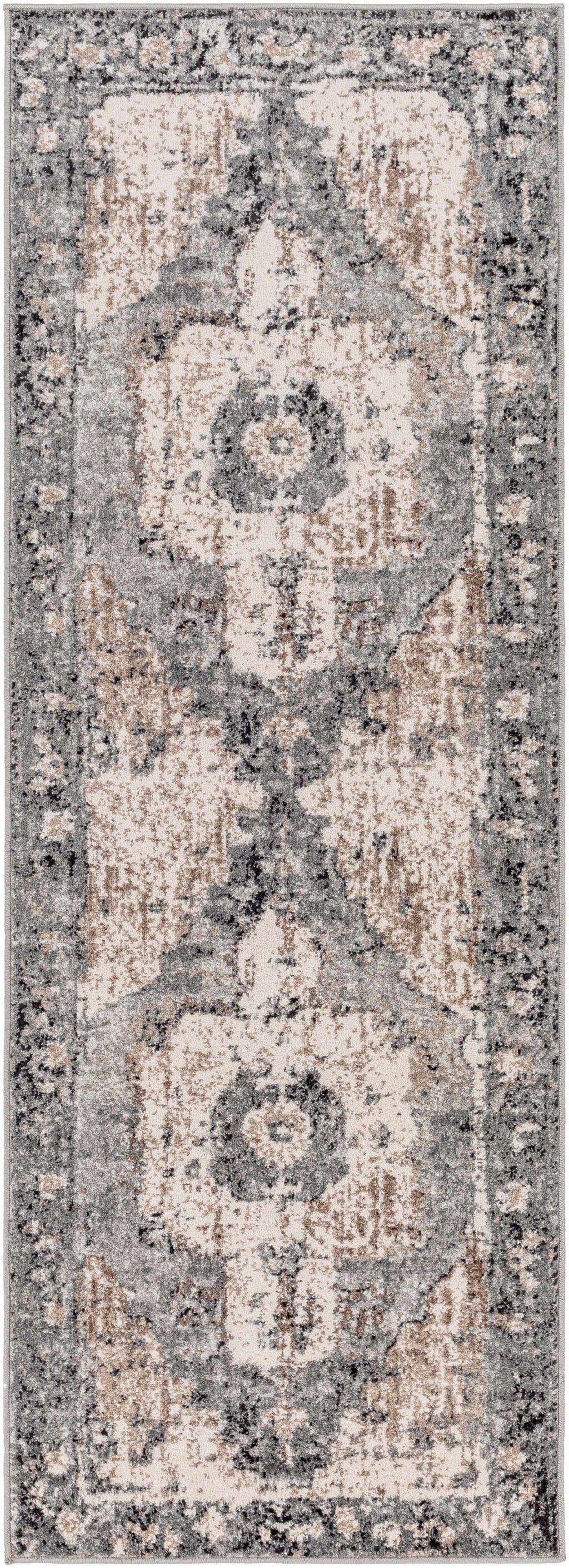 "Runner style Newalla Area Rug with intricate traditional motifs in neutral tones, ideal for hallways or narrow spaces."