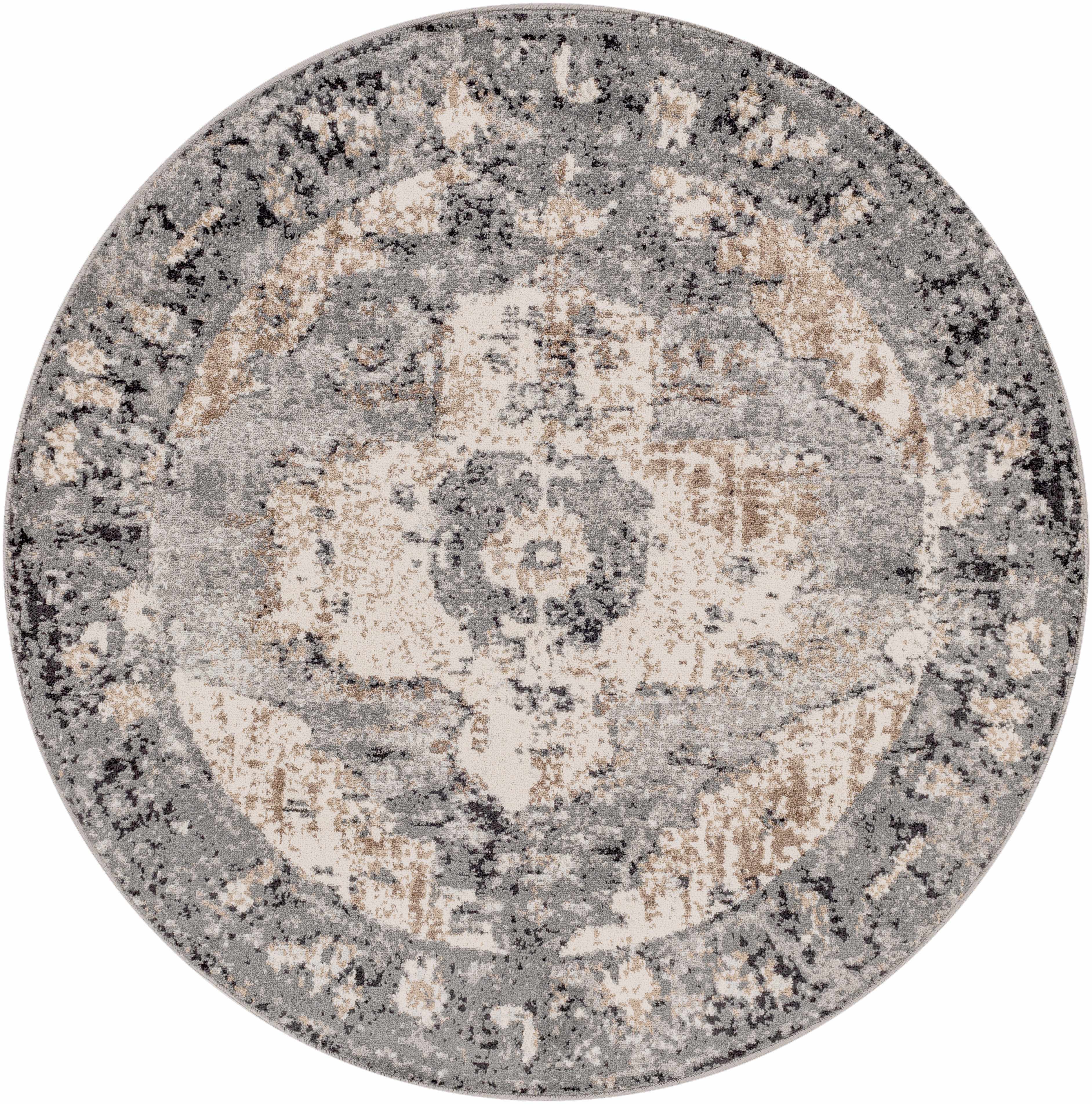 "Round Newalla Area Rug with central medallion design in distressed charcoal, ivory, and camel, perfect for accent spaces."