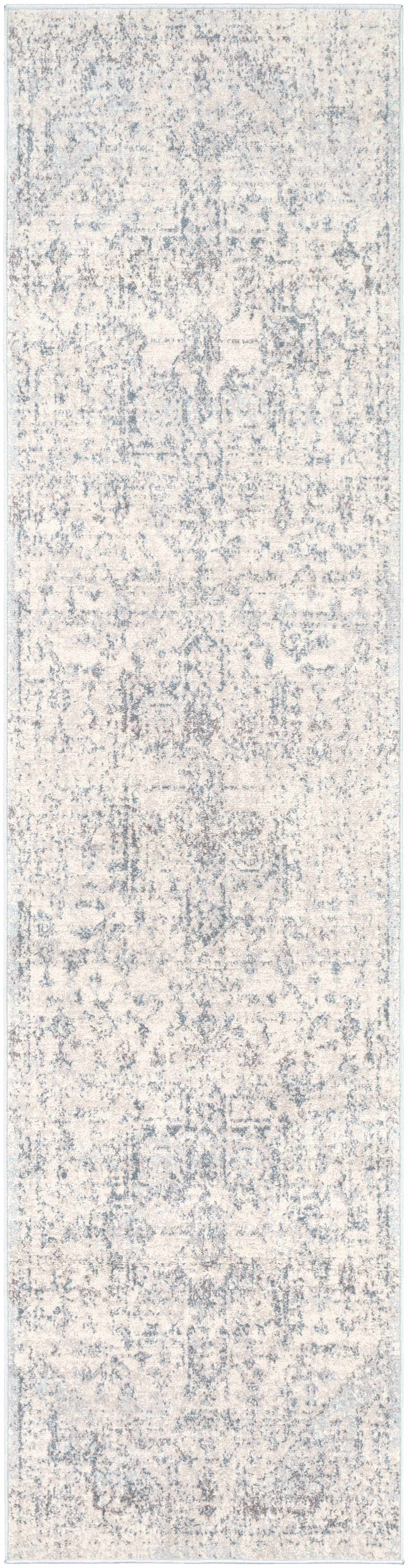 "Runner version of Orrick Area Rug - Modern Farmhouse Rug | Persian Style with subtle Persian motifs in soft gray and cream, perfect for hallways."