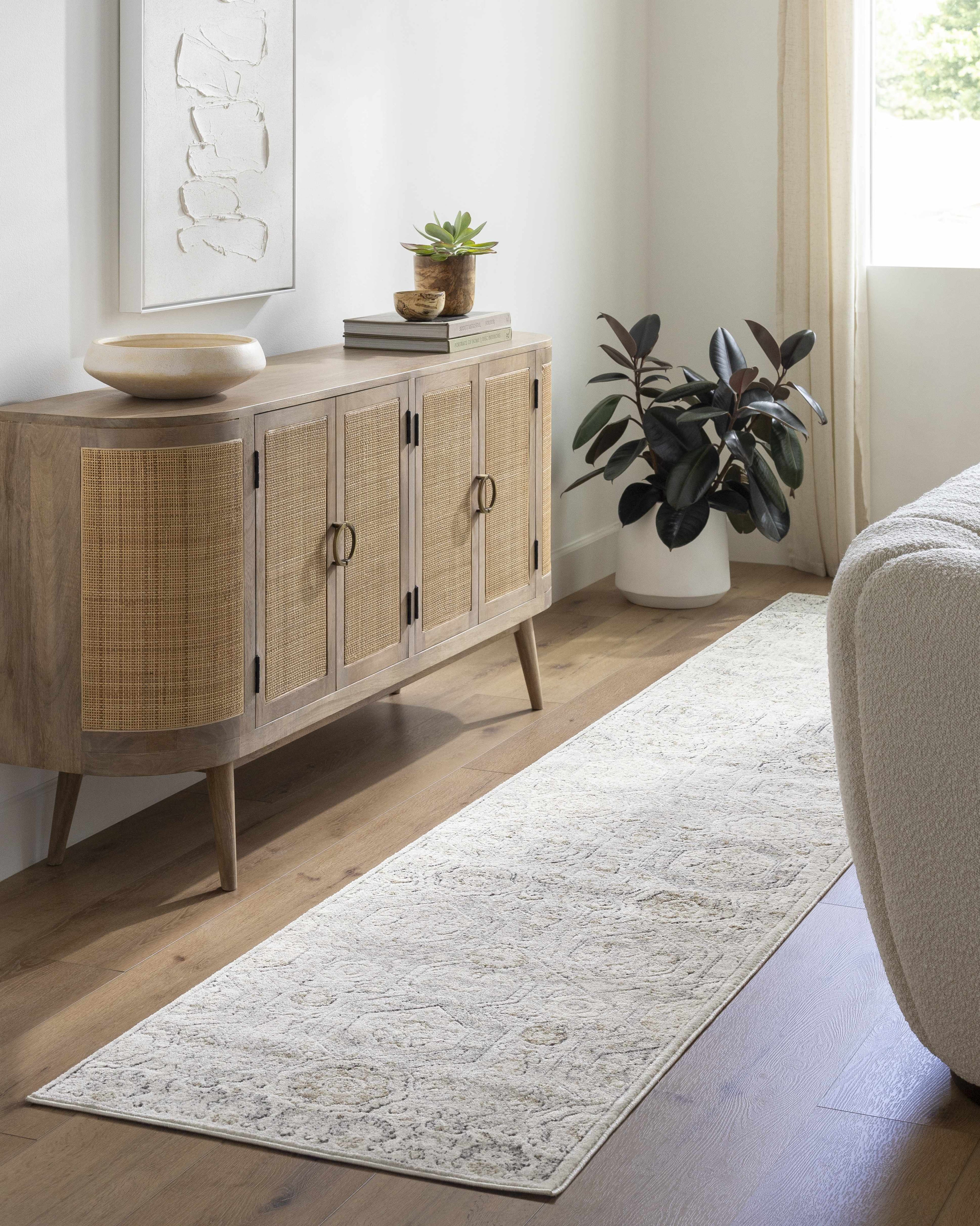 "Parkerfield runner rug in a hallway with wood cabinet and neutral decor, ideal for farmhouse-style entryways and corridors."
