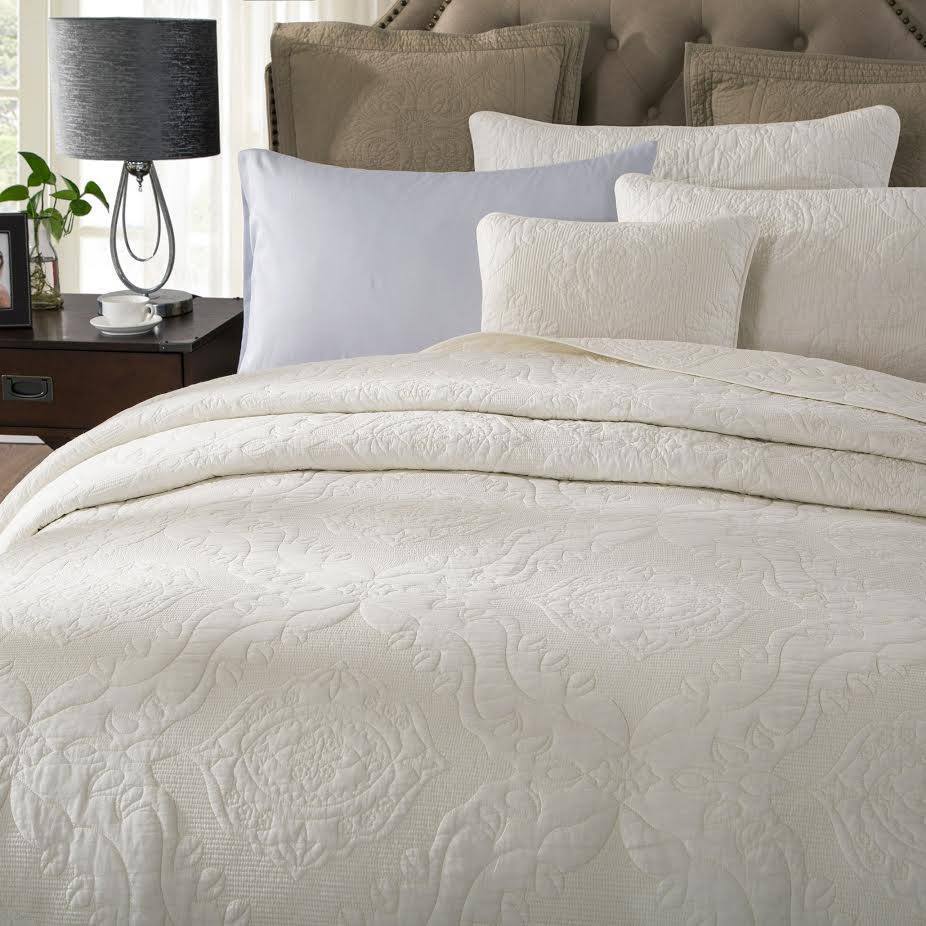 Vanilla Cream Ivory Paisley Damask Stitch Matelass¨¦ Cotton Quilt Set