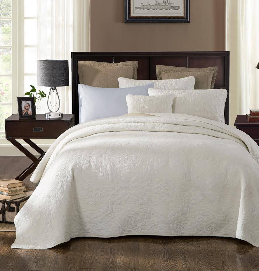 Vanilla Cream Ivory Paisley Damask Stitch Matelass¨¦ Cotton Quilt Set