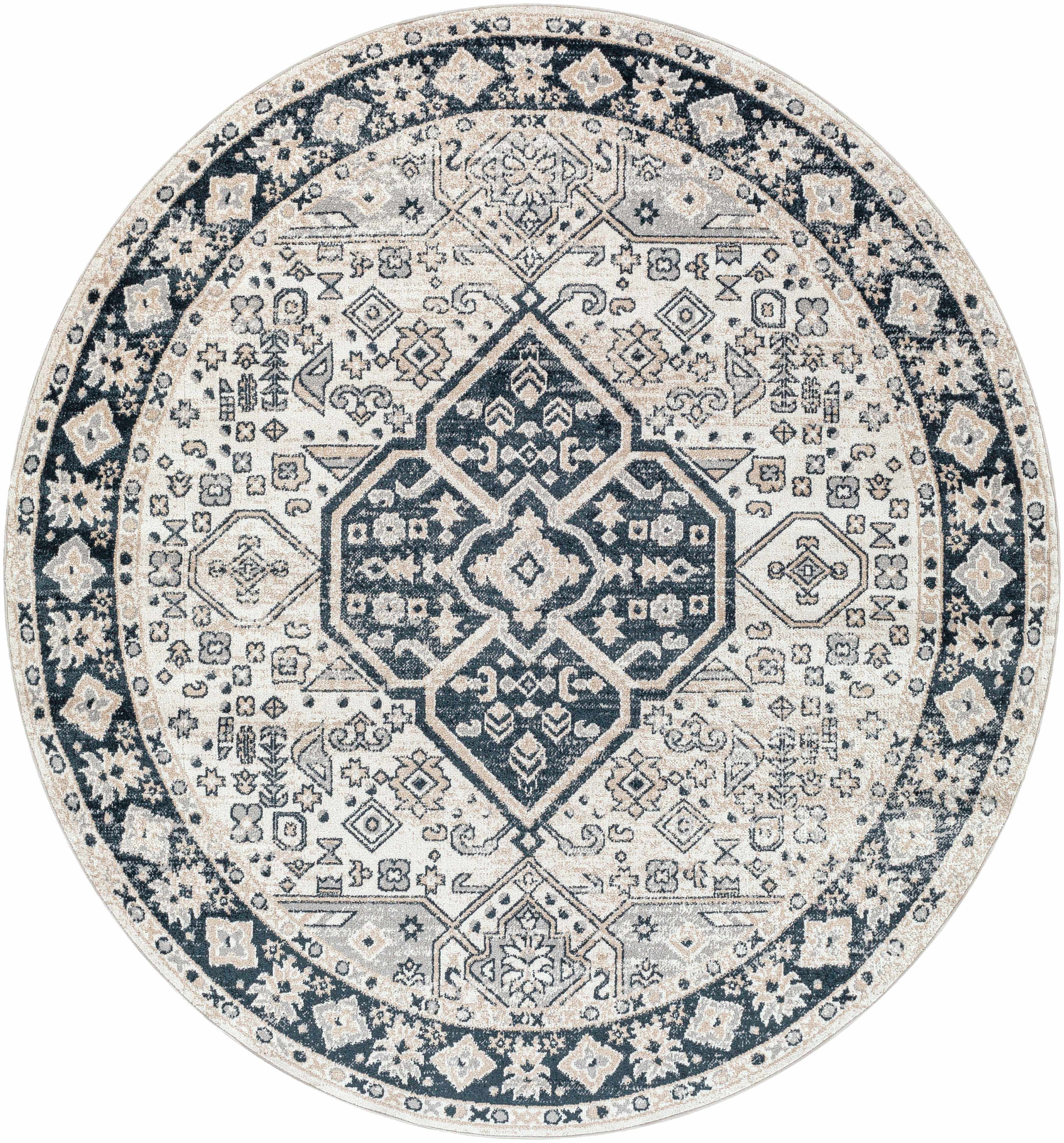 "Round version of Cabacungan washable area rug in cream and gray with central medallion and ornate border, perfect for small spaces."
