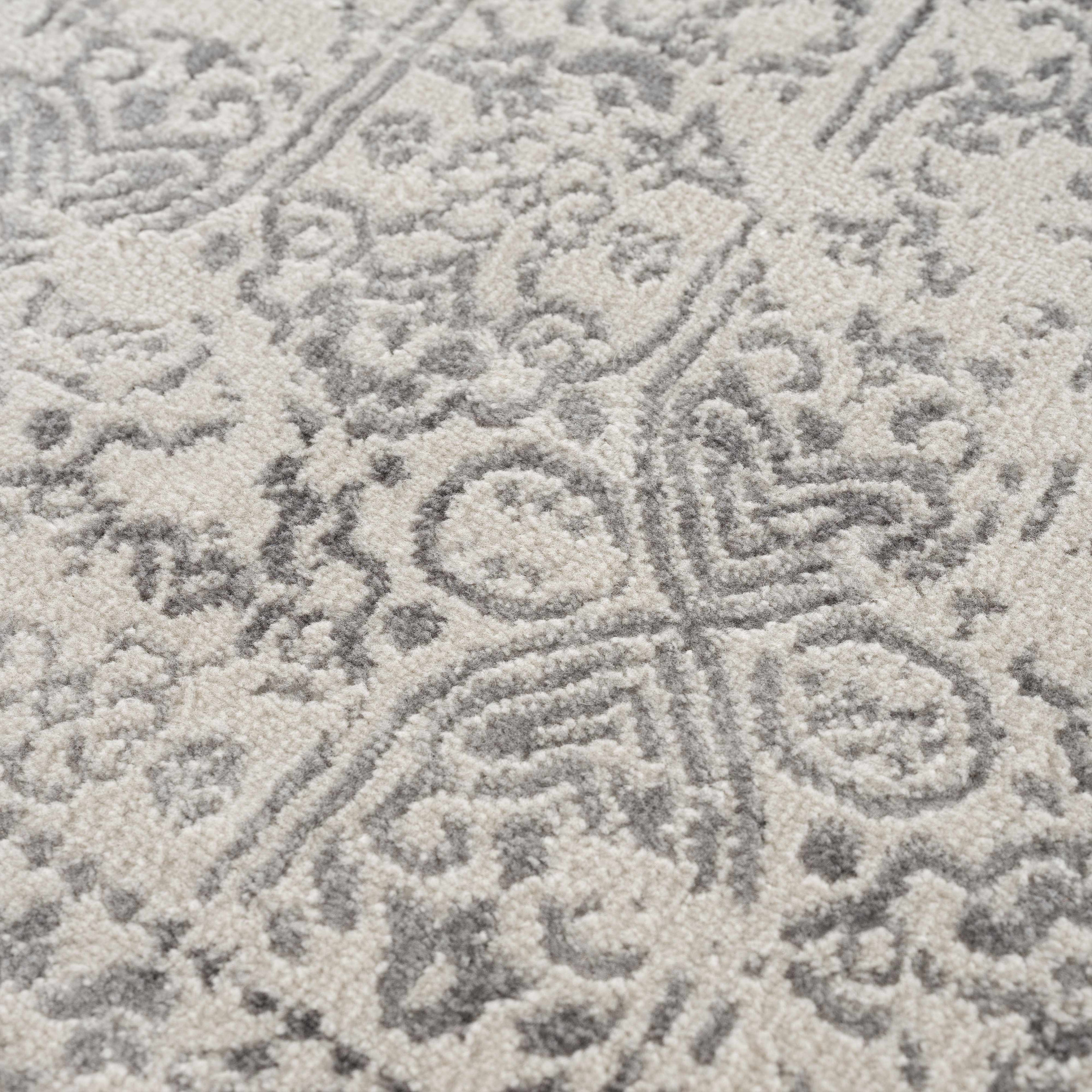 Close-up of Michie Area Rug pattern showing gray traditional motifs on cream background with plush texture.
