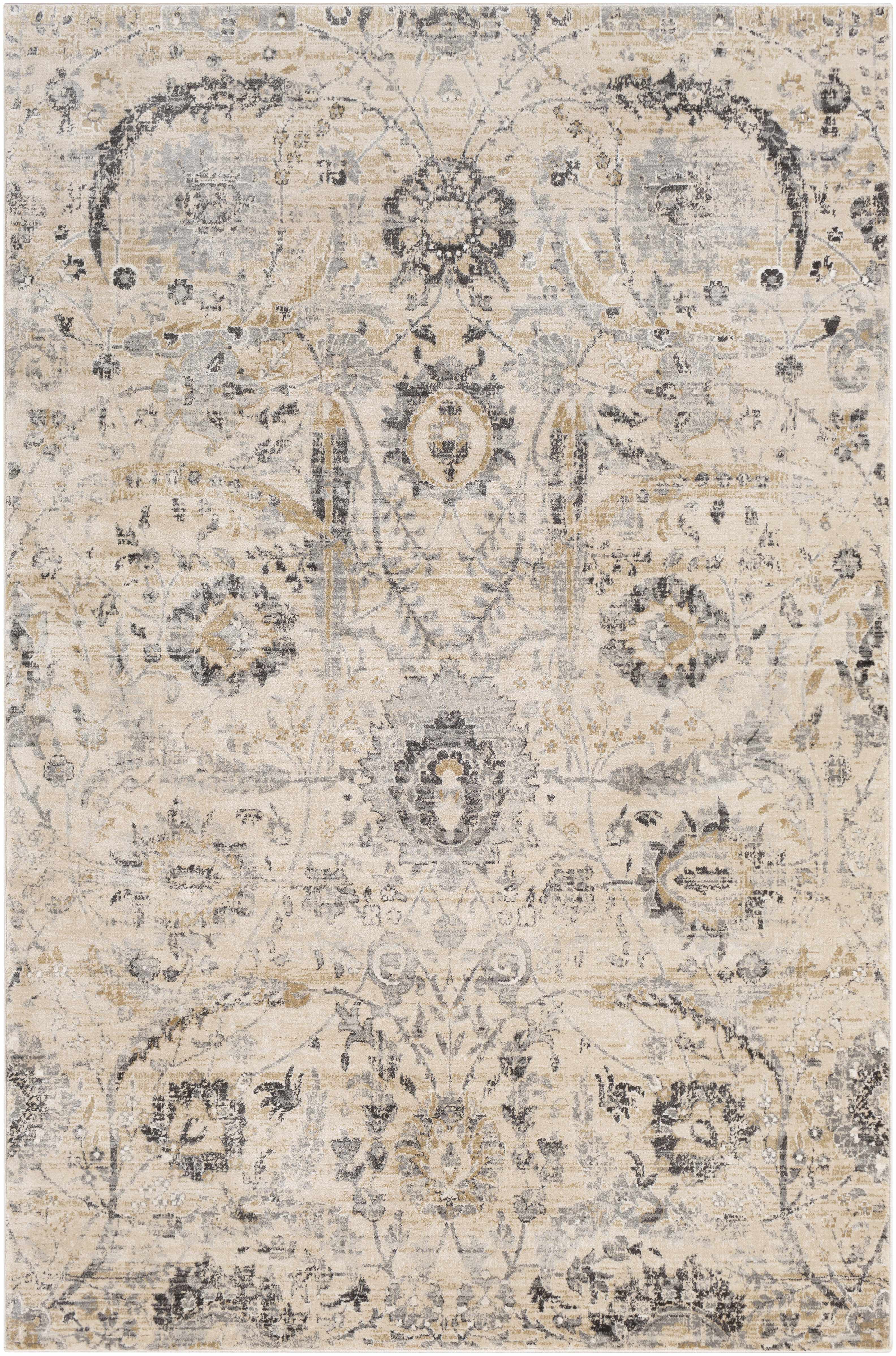 "Georgiana Beige Area Rug - Stylish Floor Decor featuring intricate charcoal and beige patterns, ideal for traditional or modern interiors."