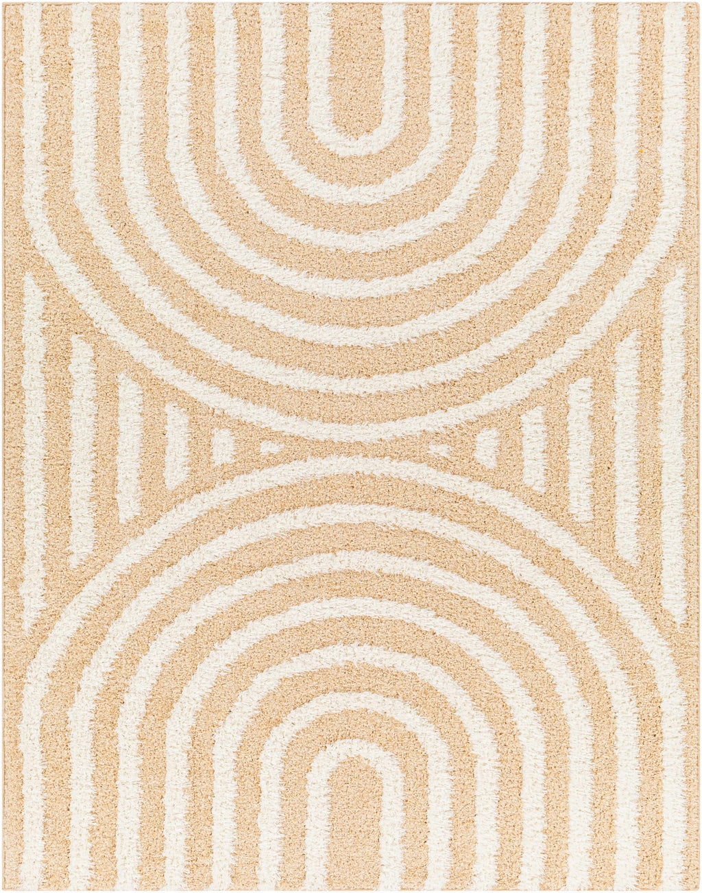 "Arnel Beige Area Rug with modern arch pattern in beige and ivory tones, machine woven polyester for contemporary home decor."