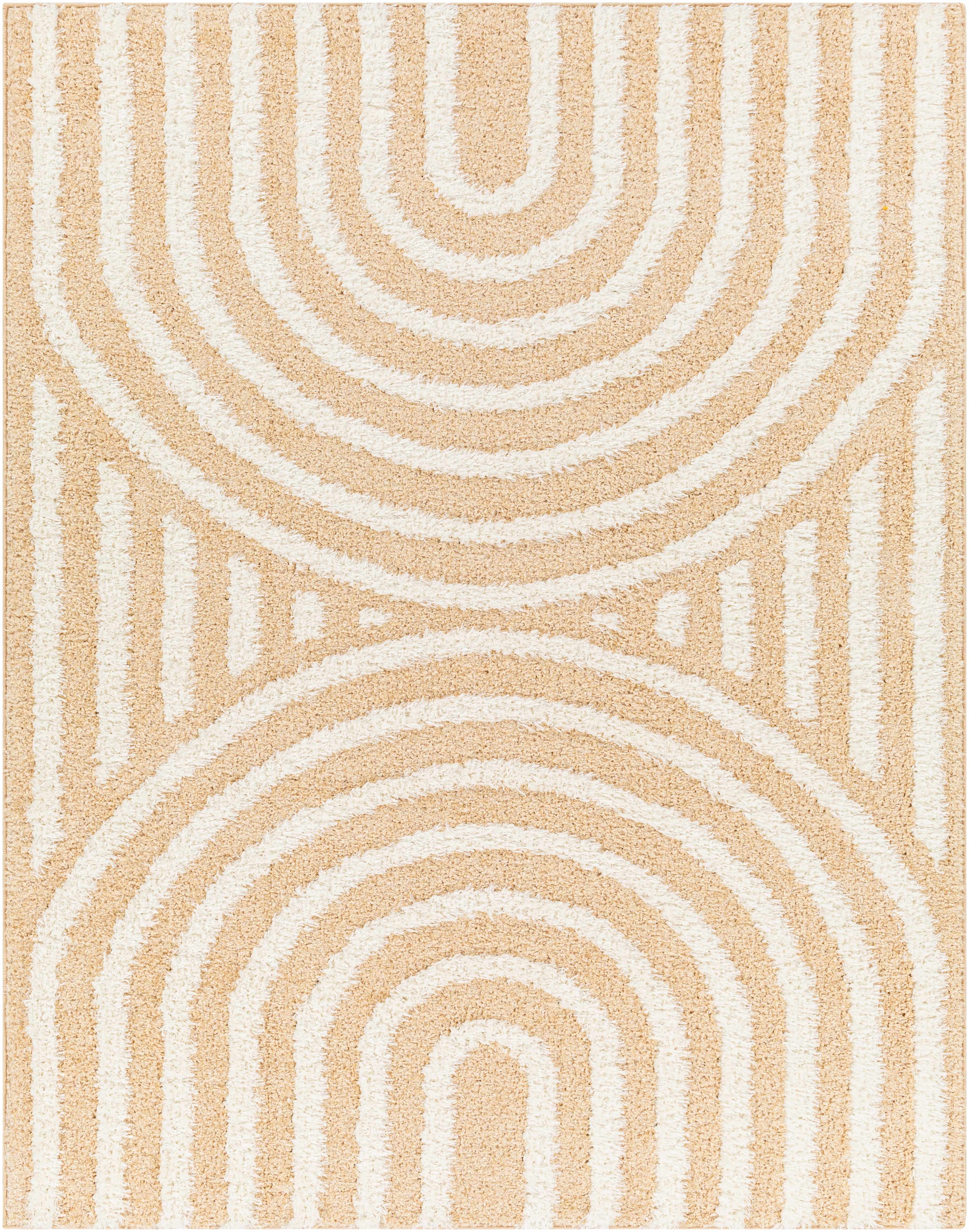 "Arnel Beige Area Rug with modern arch pattern in beige and ivory tones, machine woven polyester for contemporary home decor."