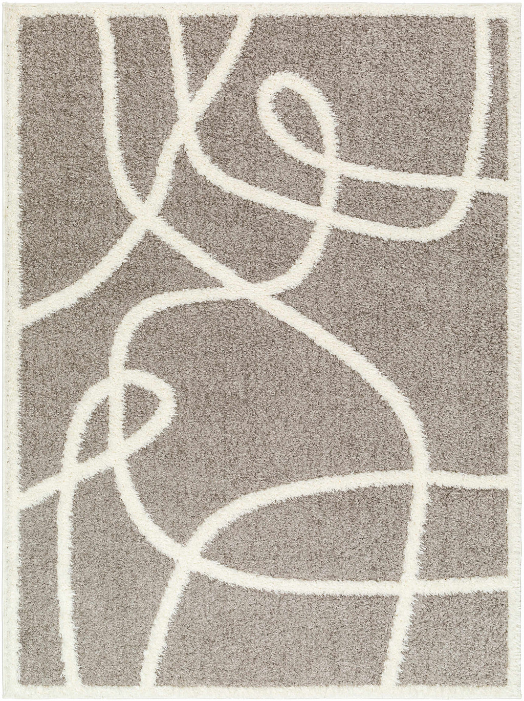 "Gilon Plush Area Rug - Clearance in taupe with ivory abstract lines, machine-woven polyester rug ideal for modern home decor."